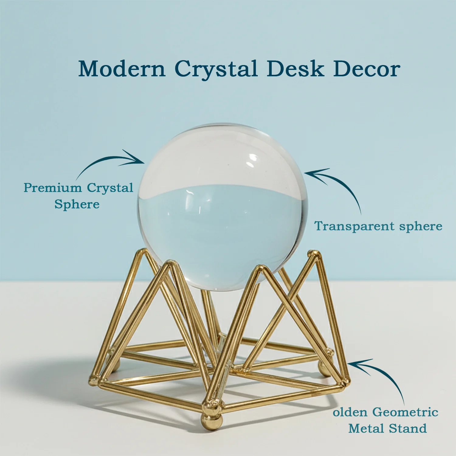 Decorative Crystal Ball with Premium Golden Geometric Stand for Home Office Desk | Clear Glass Sphere Showpiece for Table Decoration, Vastu, Meditation, Feng Shui, Gifting | Modern Luxury Home Décor Ornament - Image 4