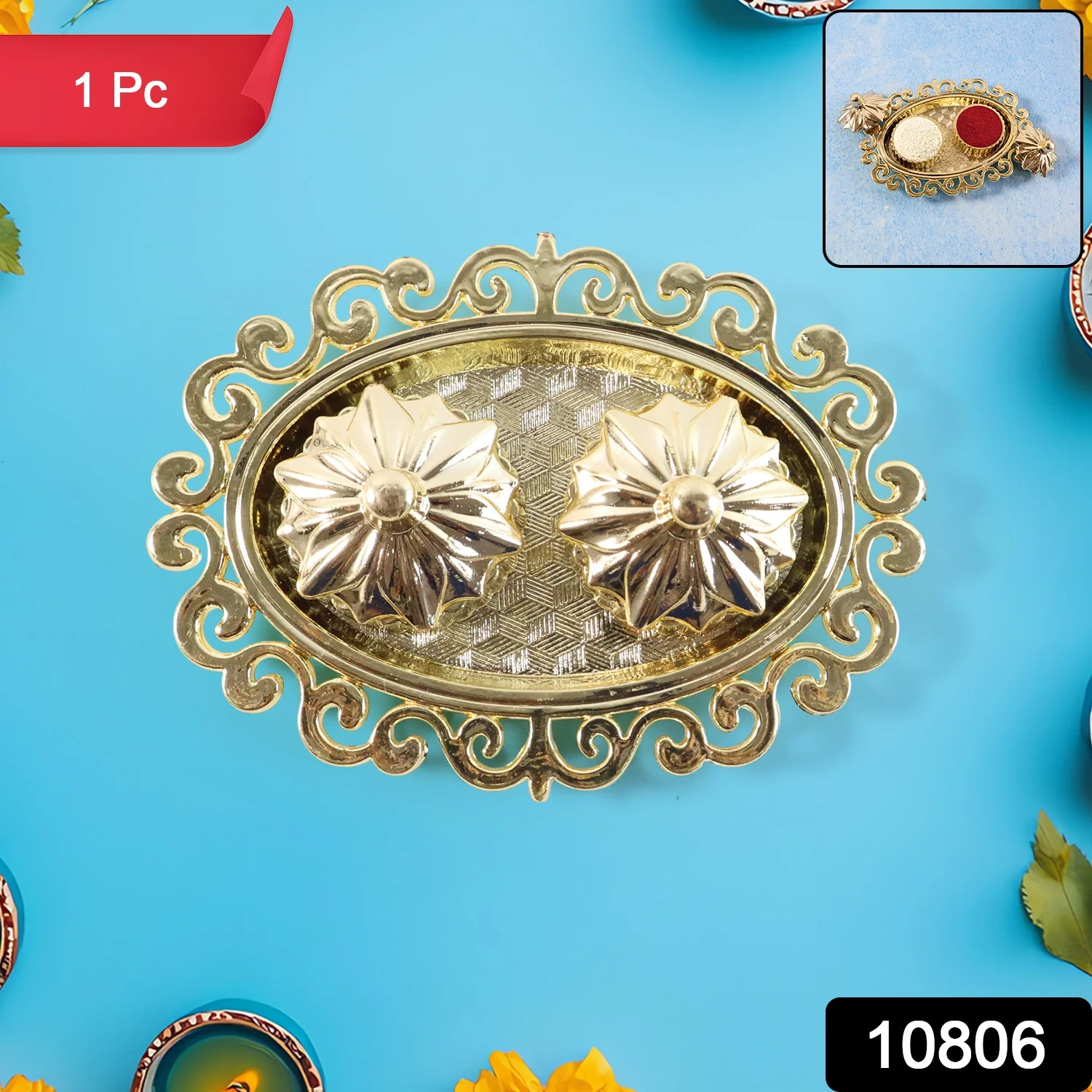 Decorative Double Kumkum Dish with Ornate Tray (1 Pc) - Image 2