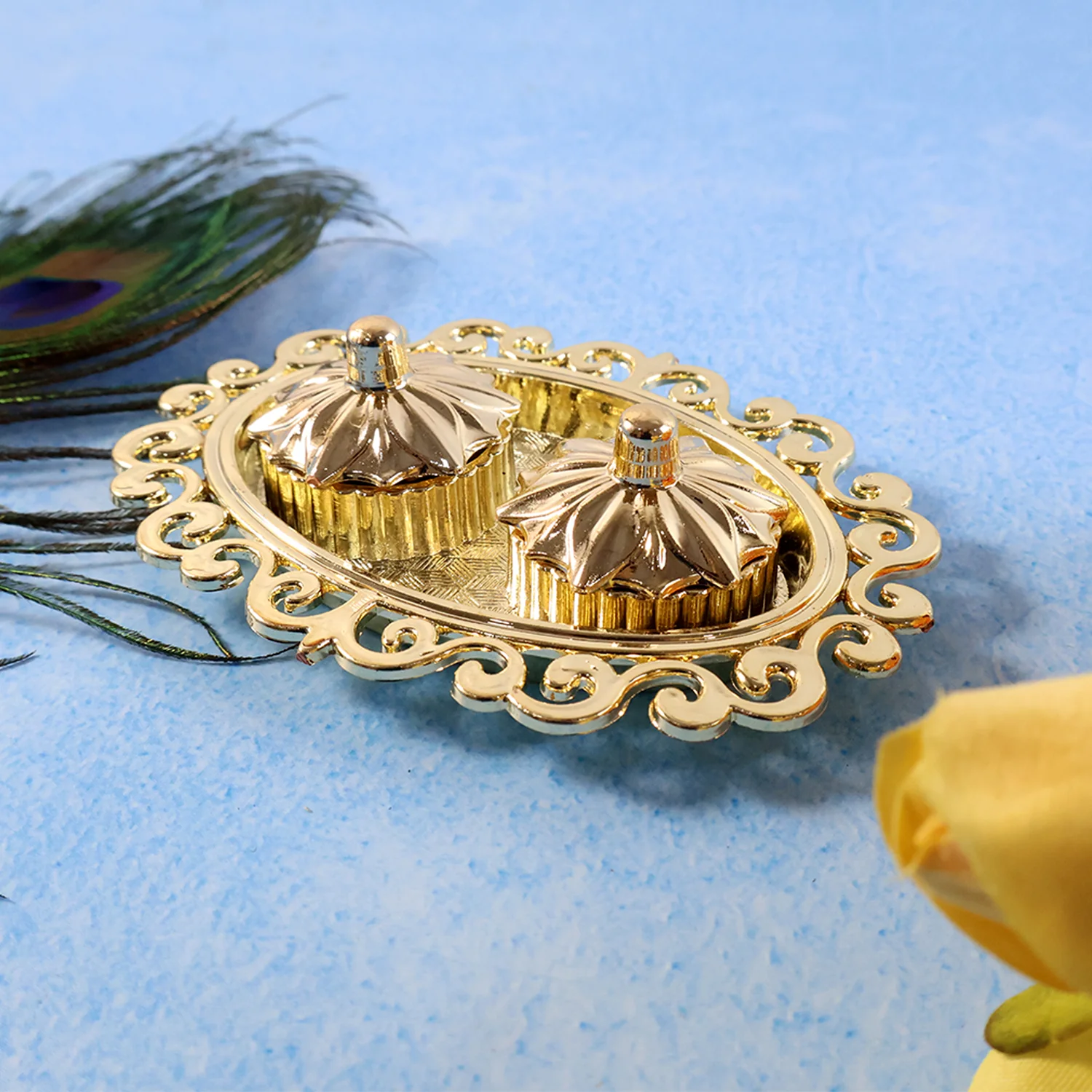 Decorative Double Kumkum Dish with Ornate Tray (1 Pc) - Image 4