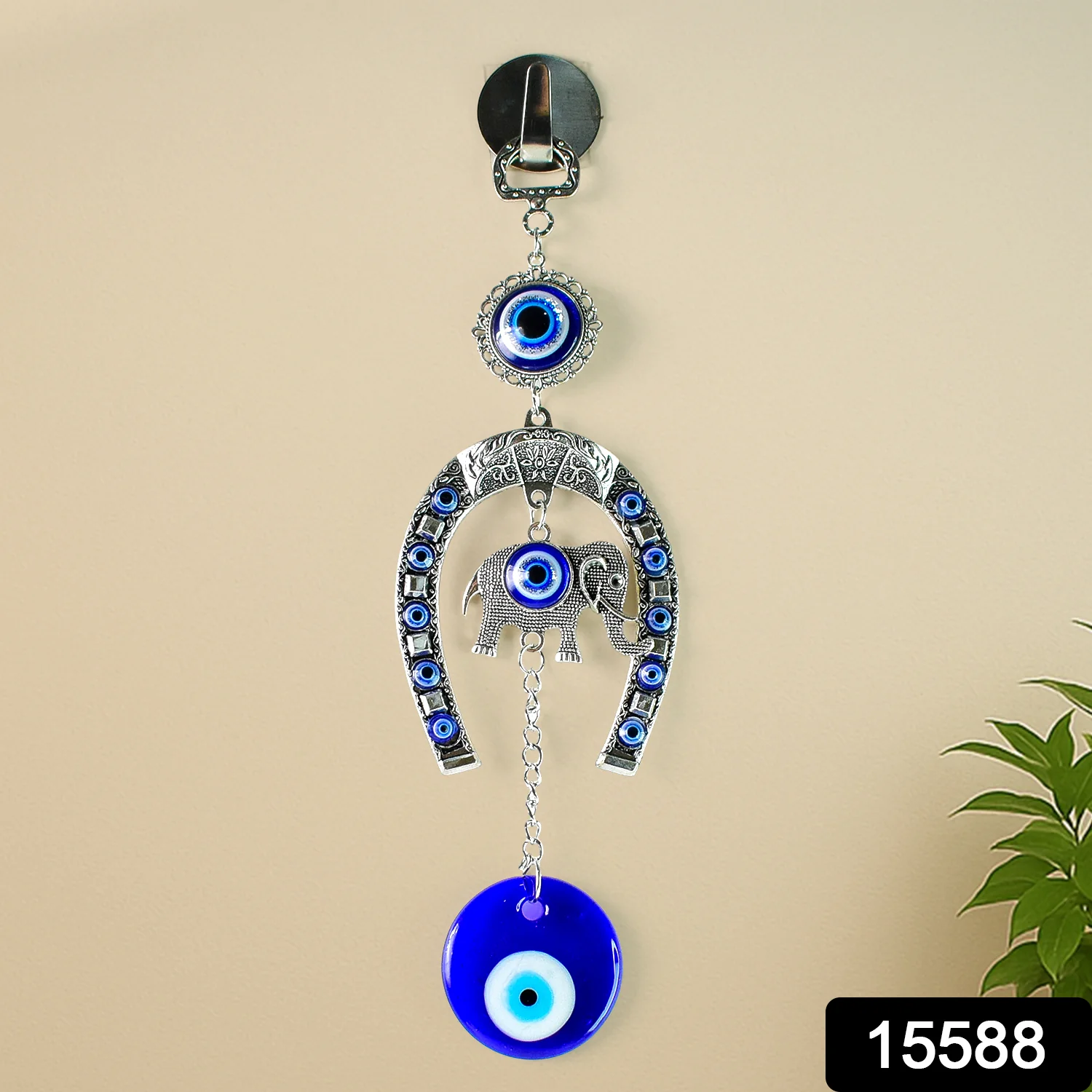 Decorative Evil Eye Hanging with Elephant and Horseshoe Motif, Wind Chime (1 Pc) - Image 2