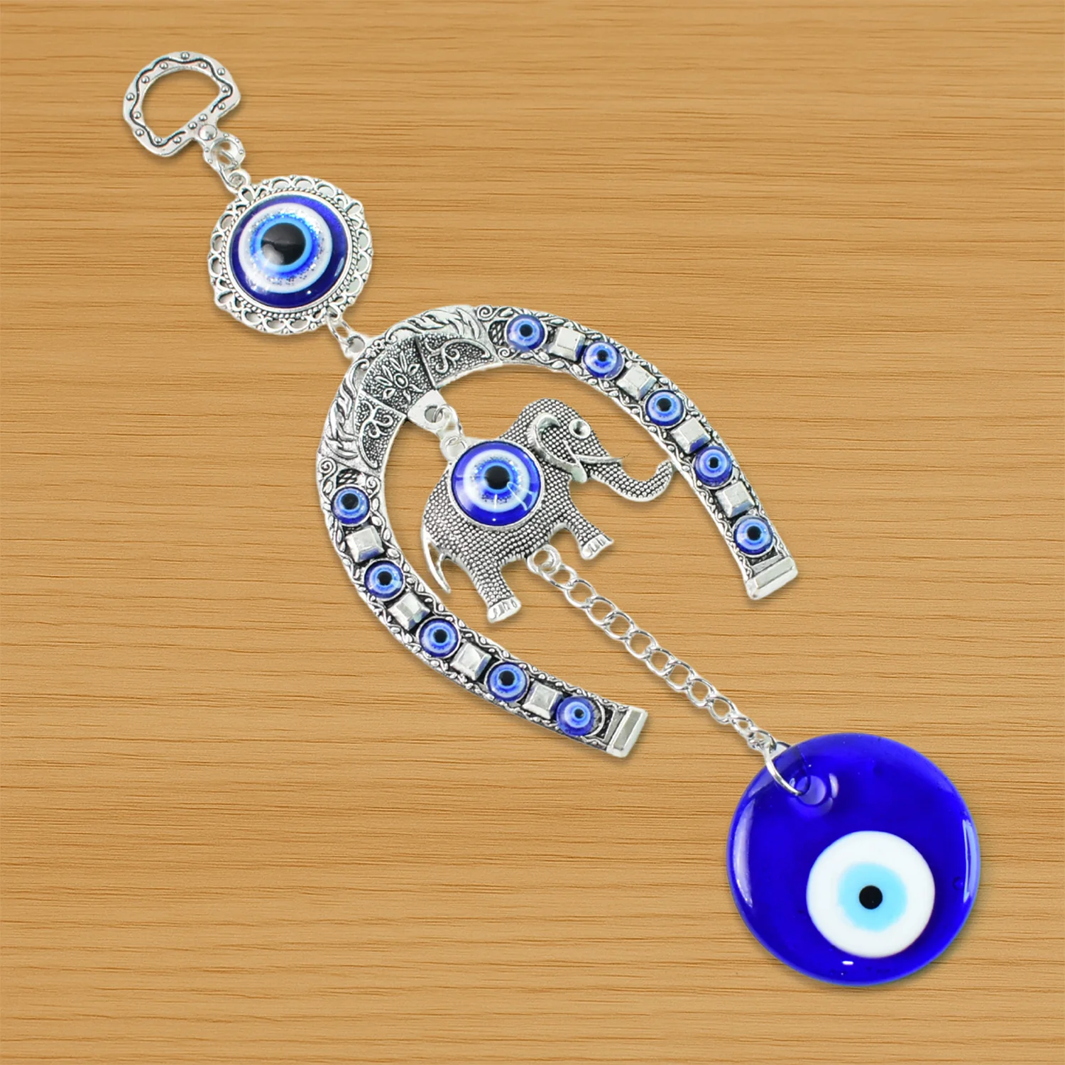 Decorative Evil Eye Hanging with Elephant and Horseshoe Motif, Wind Chime (1 Pc) - Image 3
