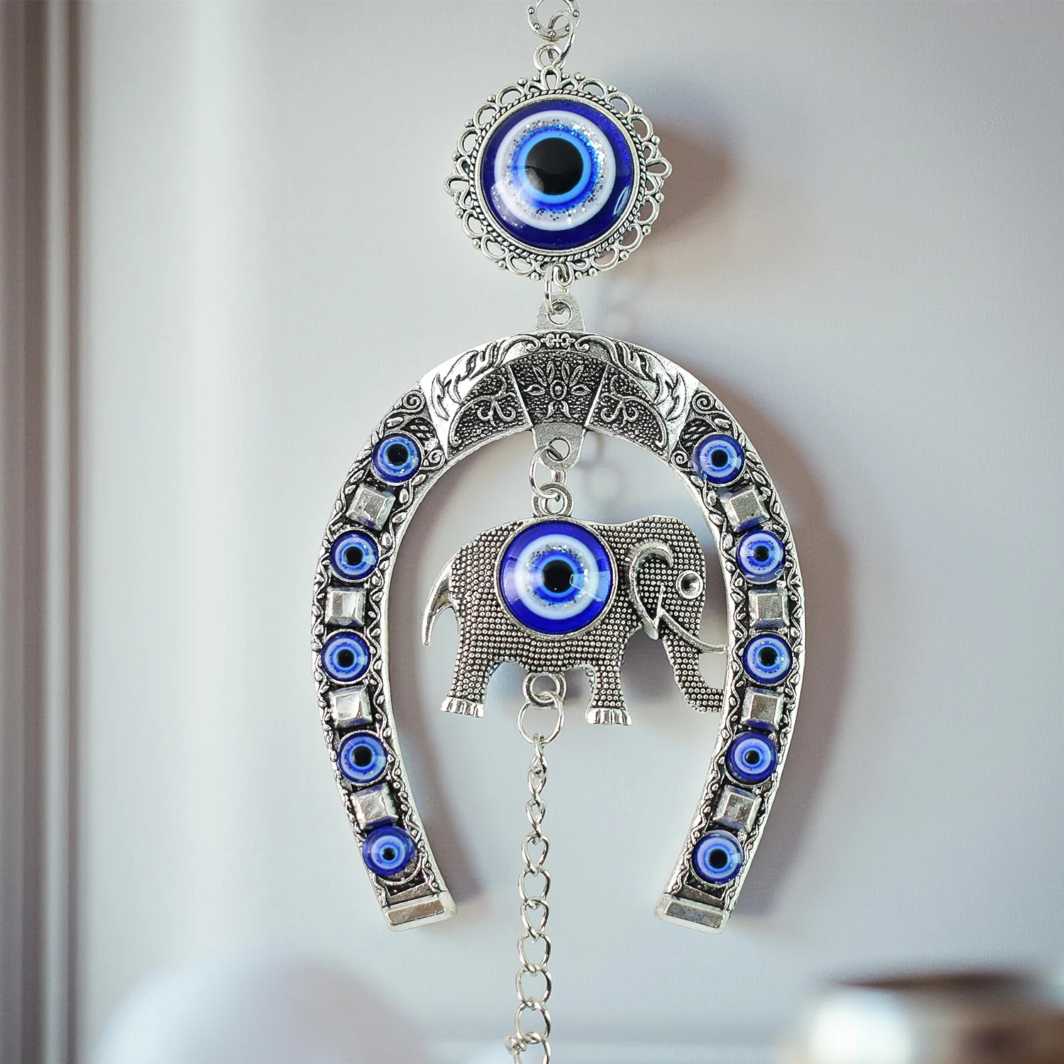 Decorative Evil Eye Hanging with Elephant and Horseshoe Motif, Wind Chime (1 Pc) - Image 4