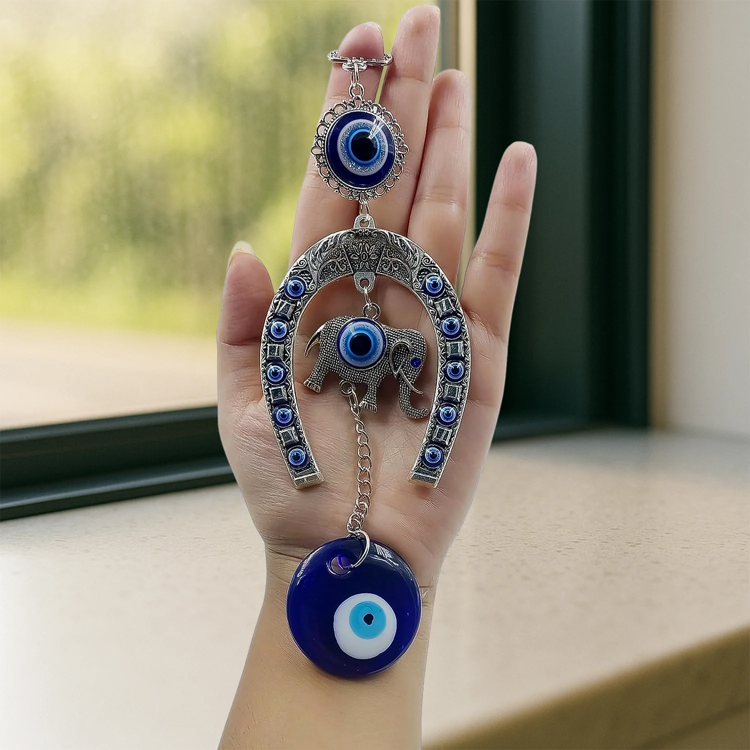 Decorative Evil Eye Hanging with Elephant and Horseshoe Motif, Wind Chime (1 Pc) - Image 6