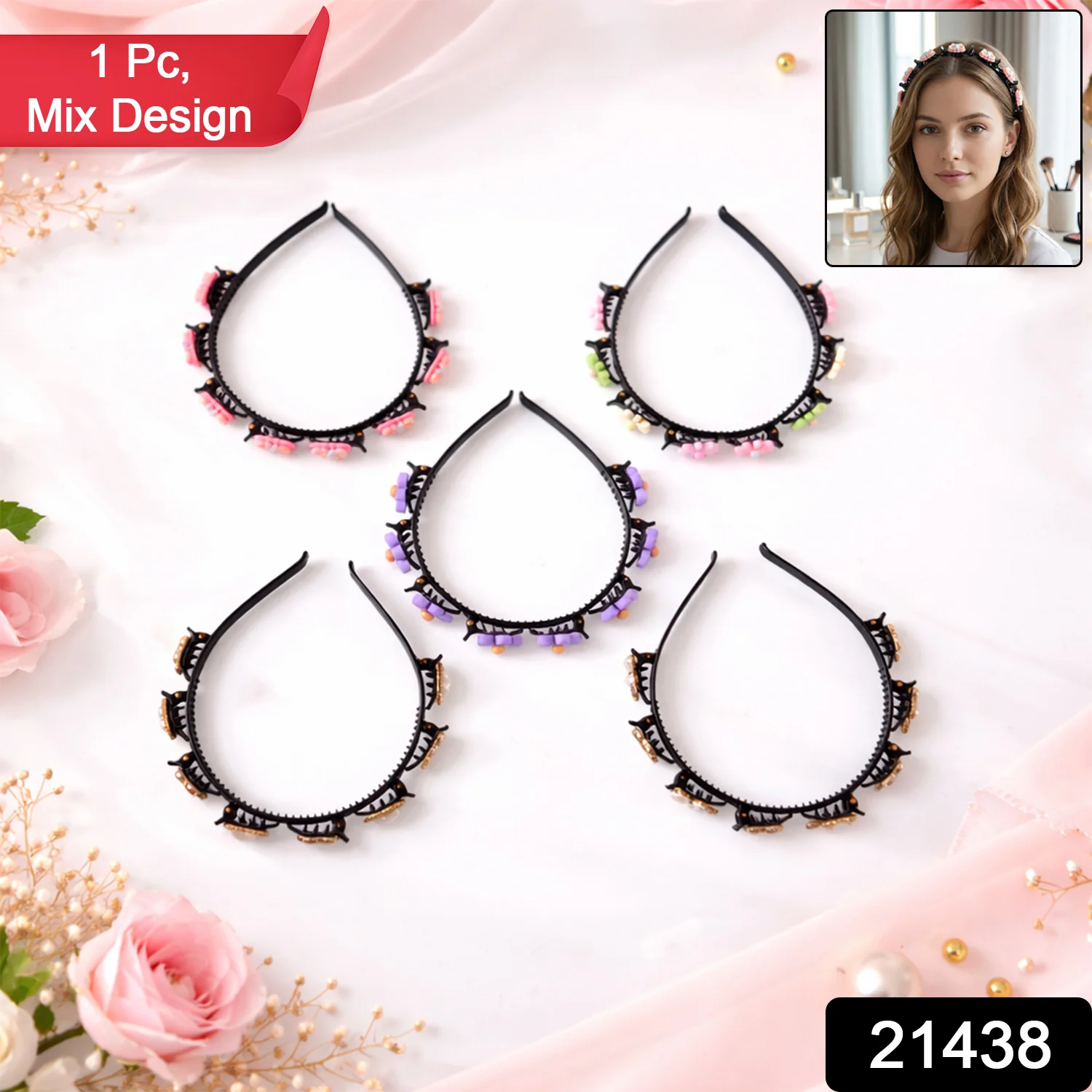 Decorative Floral Beaded Hairband for Women & Girls (1 Pc, Mix Design) - Image 2