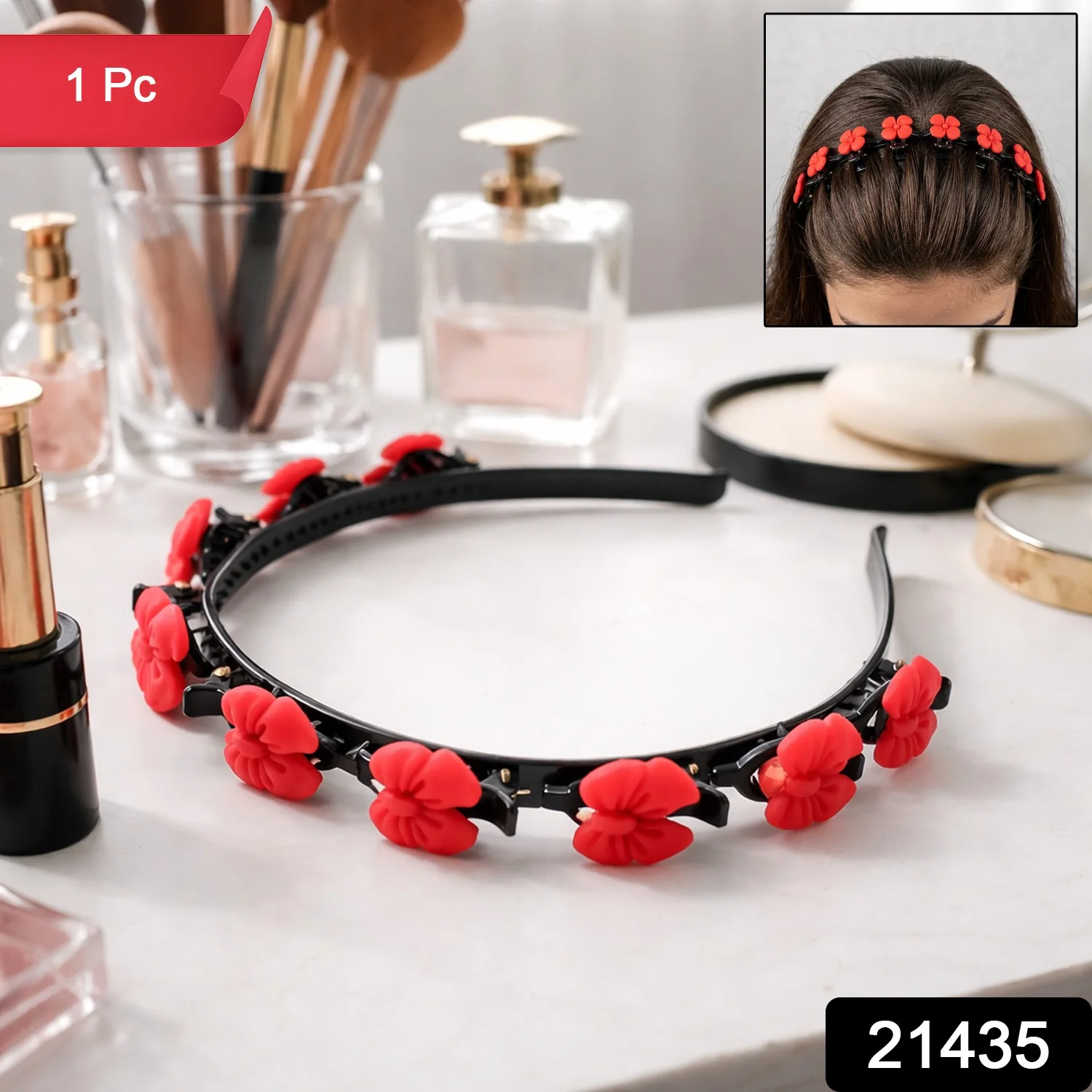 Decorative Floral Headband with Built In Mini Claw Clips Hair Band 1 Pc - Image 2