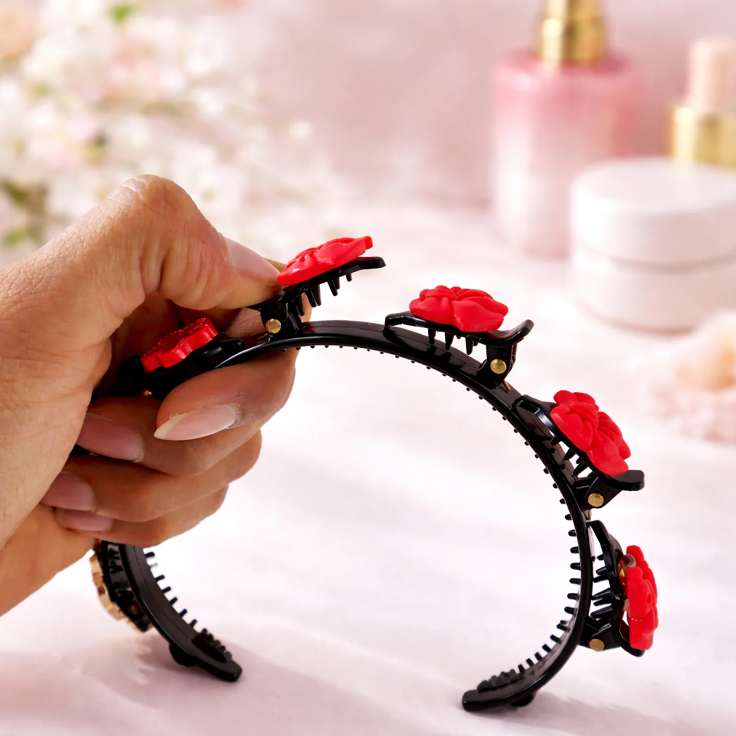 Decorative Floral Headband with Built In Mini Claw Clips Hair Band 1 Pc - Image 4