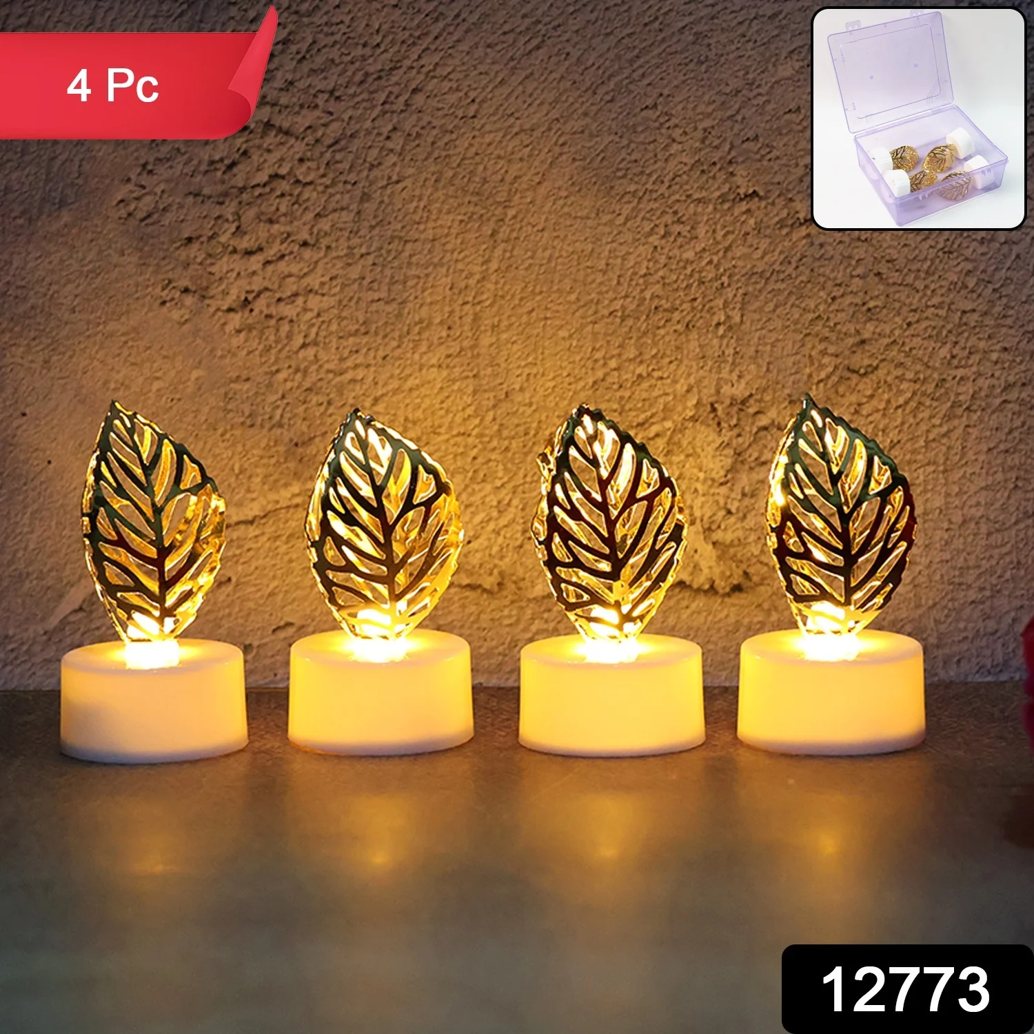 Decorative Golden Leaf Shaped Flameless LED Candles (4 Pc) - Image 2