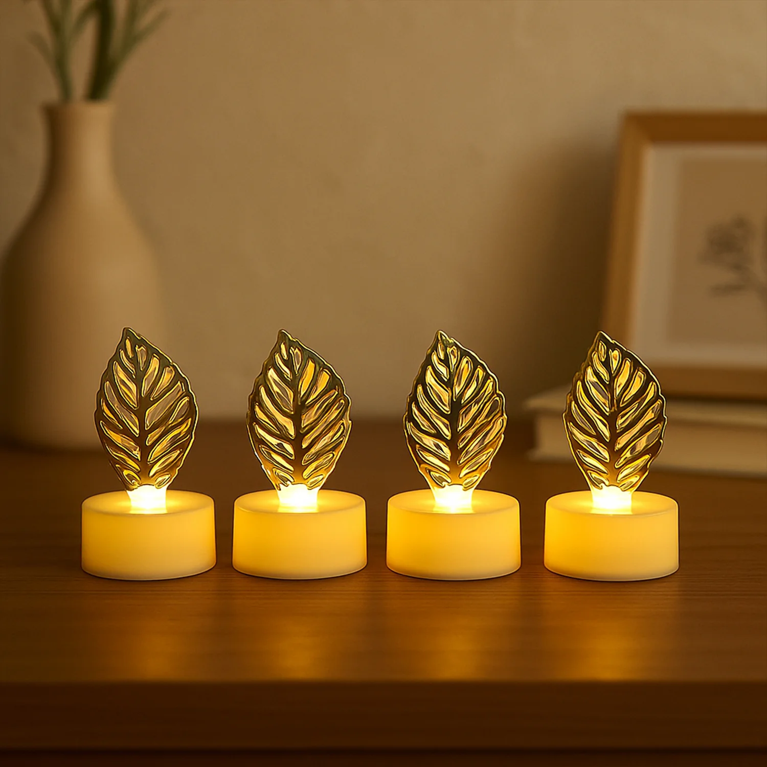 Decorative Golden Leaf Shaped Flameless LED Candles (4 Pc) - Image 3