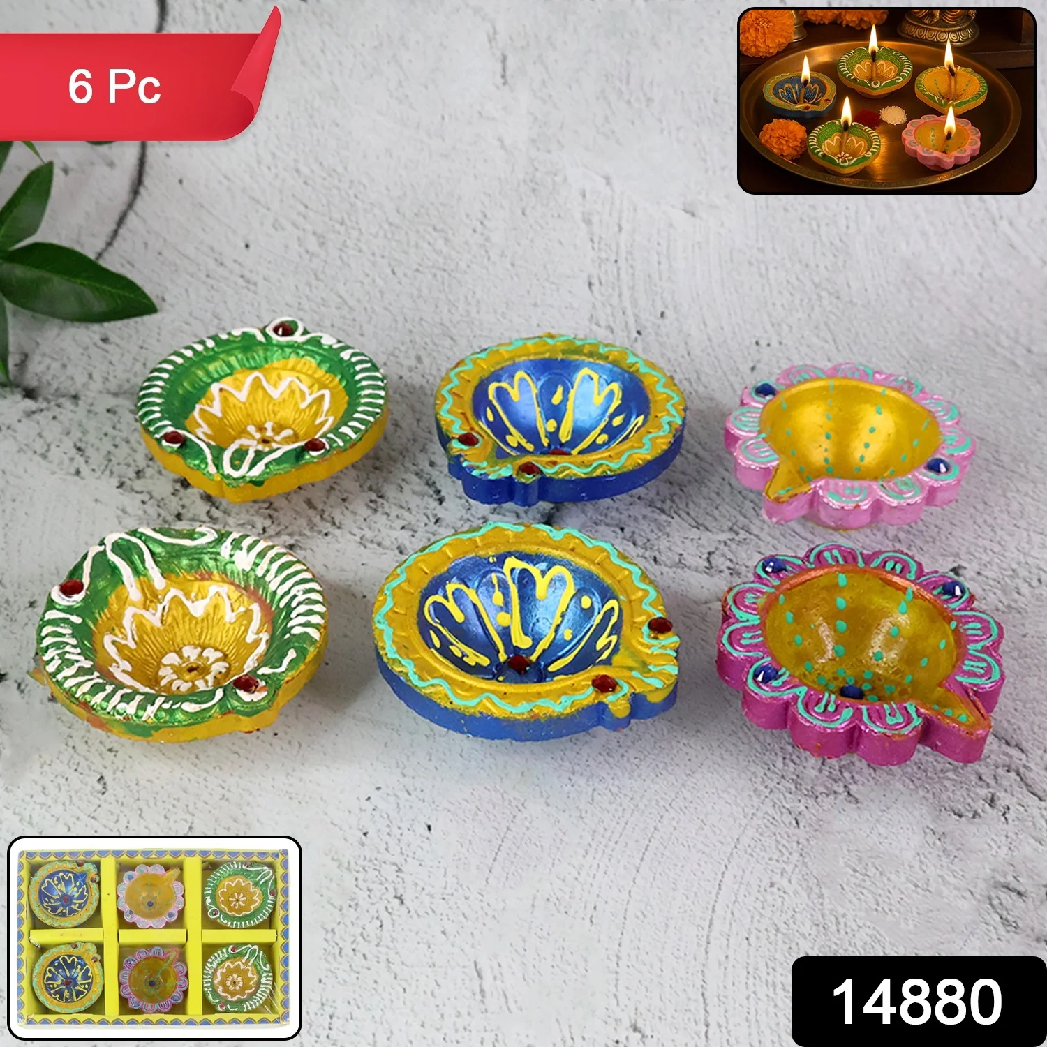 Decorative Hand-Painted Clay Diya Set (6 Pc) - Image 2