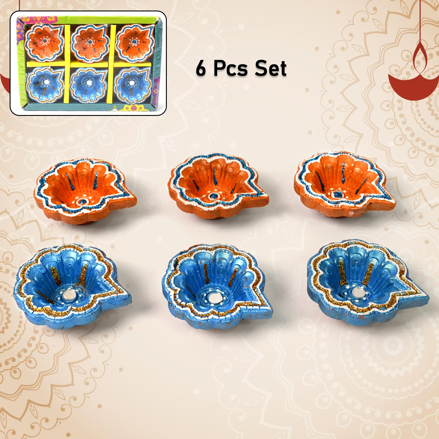 Decorative Hand Painted Clay Puja Diya (6 Pcs Set/ Mix Design) - Image 2