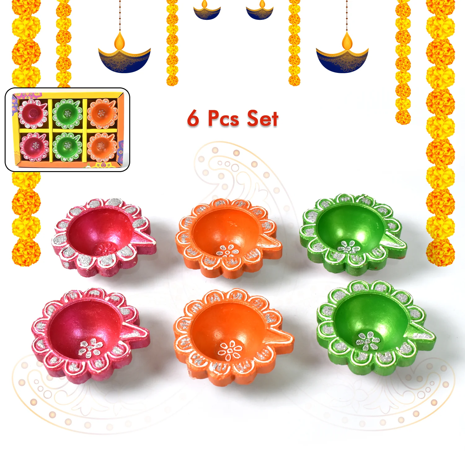 Decorative Hand Painted Clay Puja Diya (6 Pcs Set/ Mix Design) - Image 3