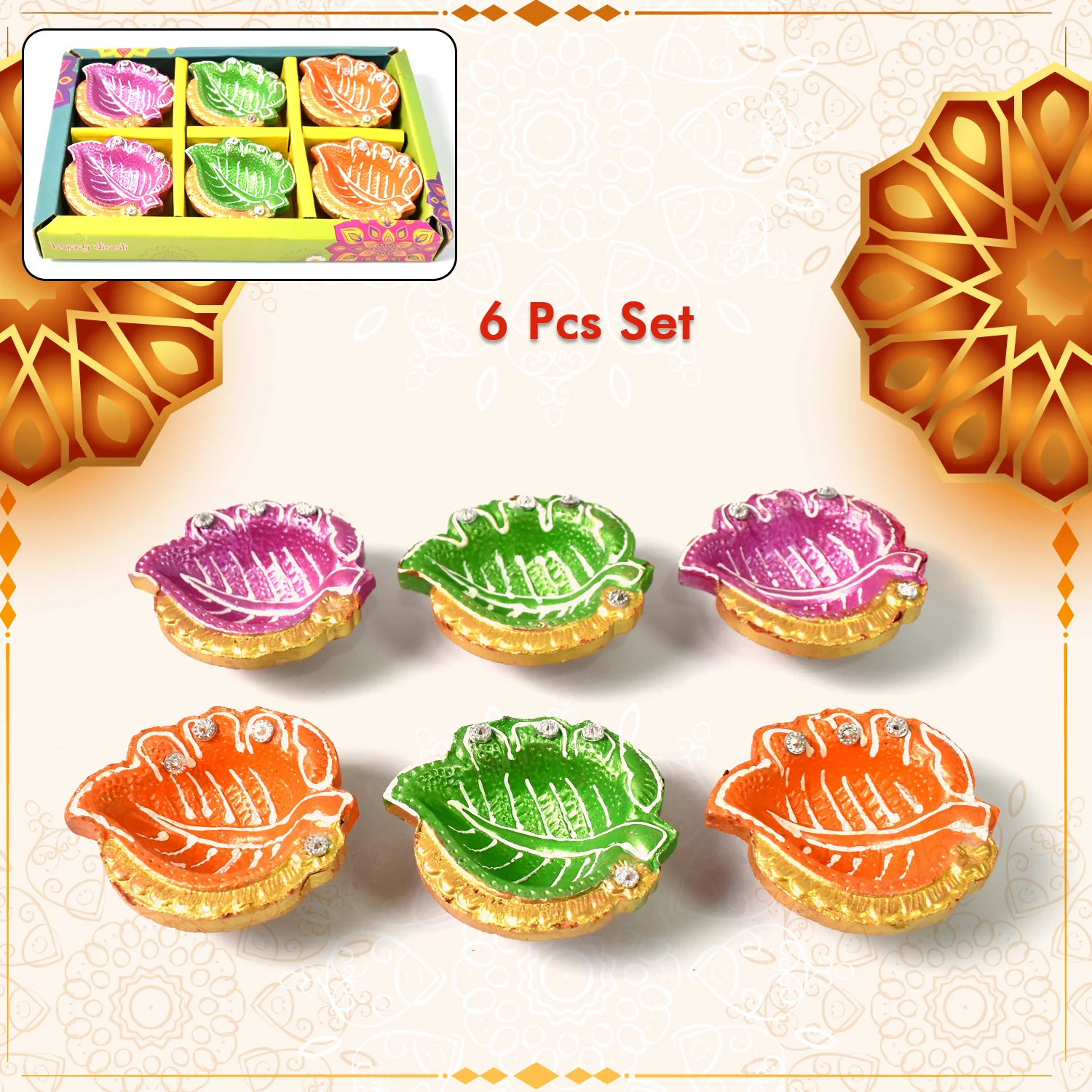 Decorative Hand Painted Clay Puja Diya (6 Pcs Set/ Mix Design) - Image 4