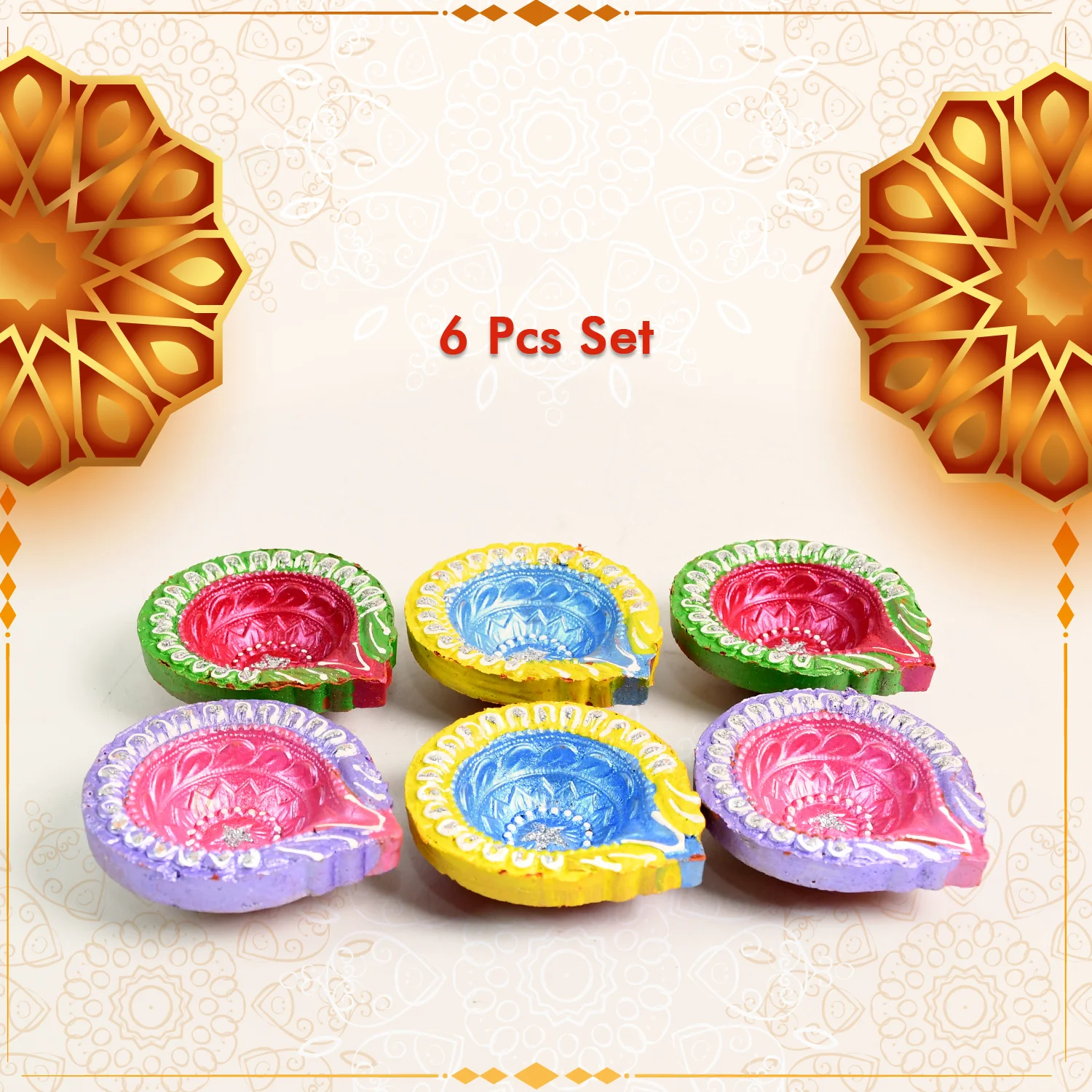 Decorative Hand Painted Clay Puja Diya (6 Pcs Set/ Mix Design) - Image 5