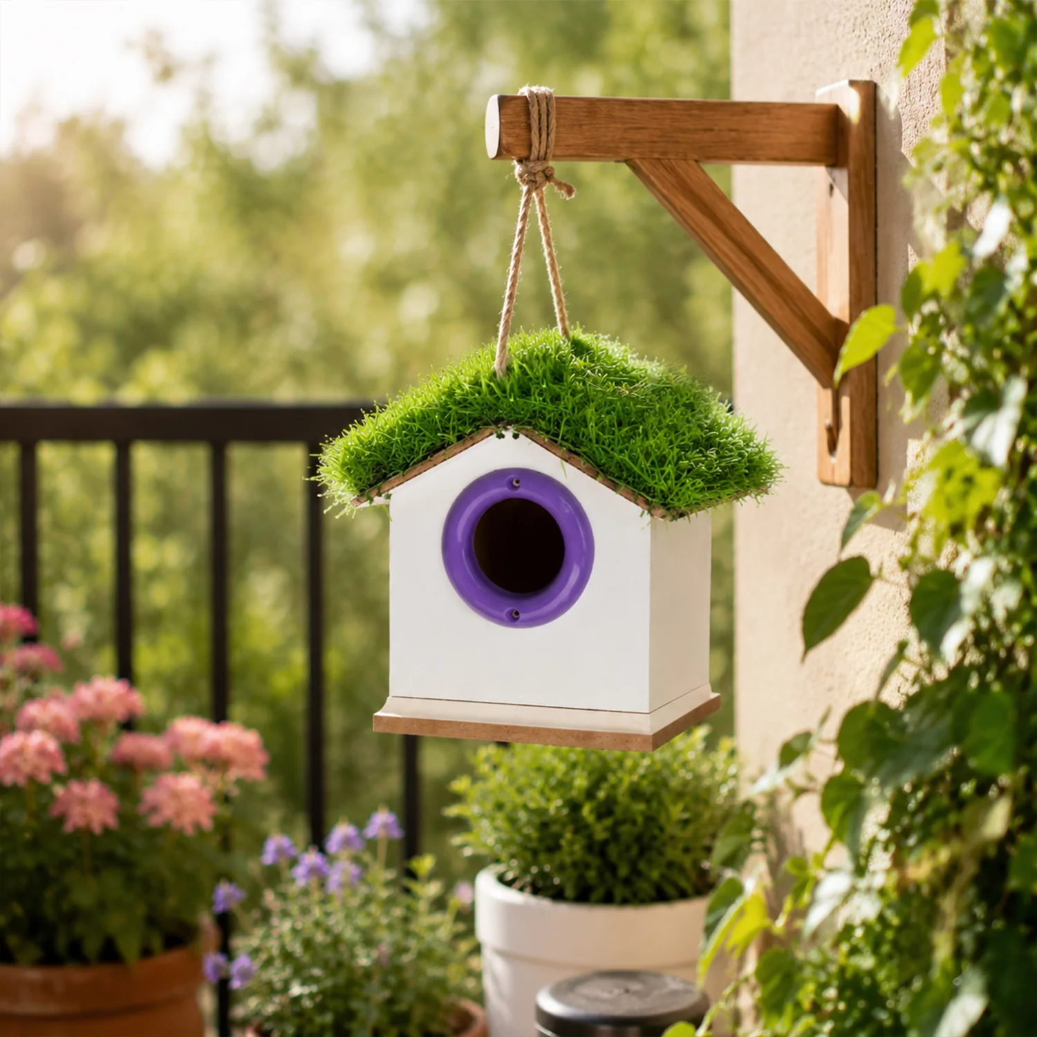 Decorative Hanging Wooden Bird House with Grass Roof for Garden Use - Image 2