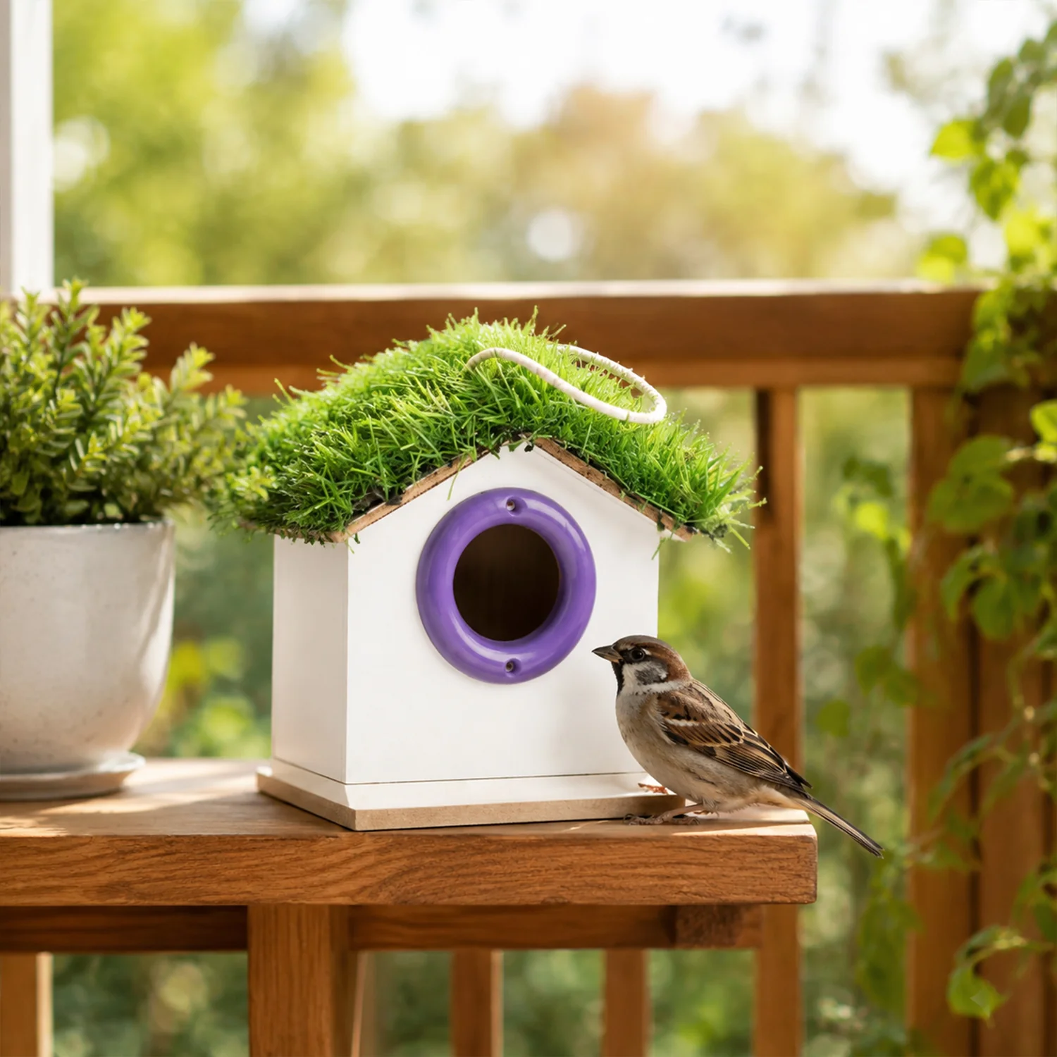 Decorative Hanging Wooden Bird House with Grass Roof for Garden Use - Image 3
