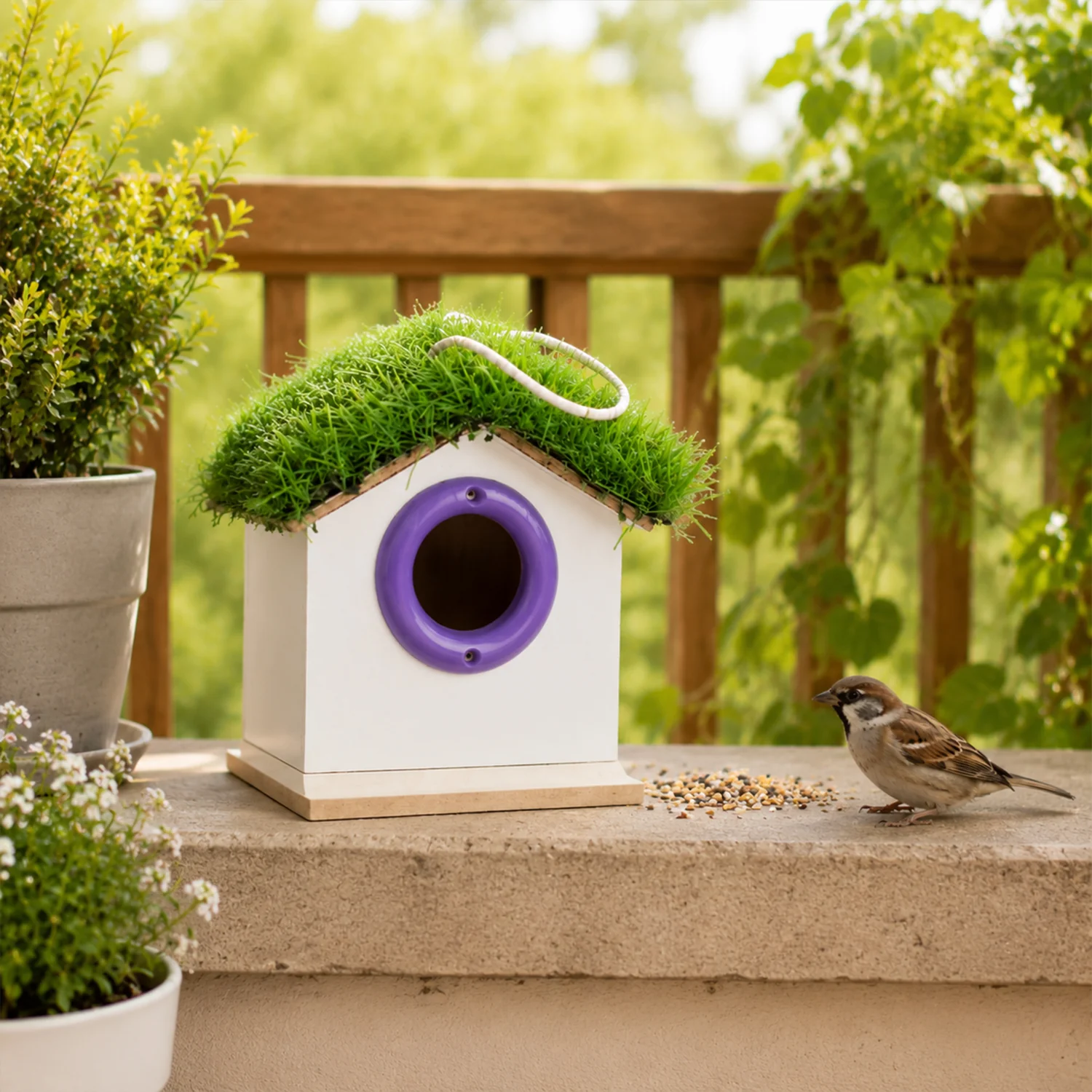 Decorative Hanging Wooden Bird House with Grass Roof for Garden Use - Image 4