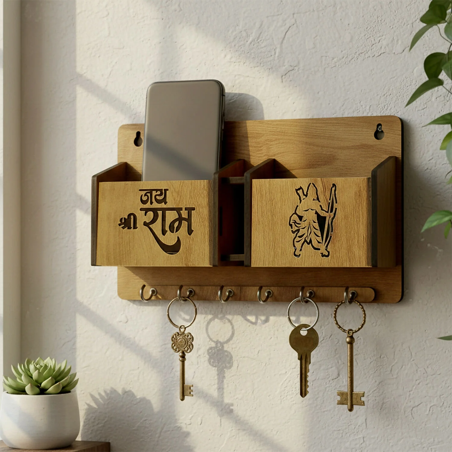 Decorative Jay Shree Ram Engraved Key Organizer with 6 Hooks - Image 2