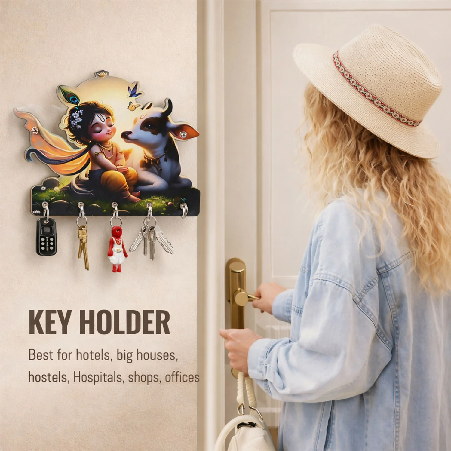 Decorative Krishna Cow Design Wall Key Holder with 5 Hooks – No Drilling Required - Image 2