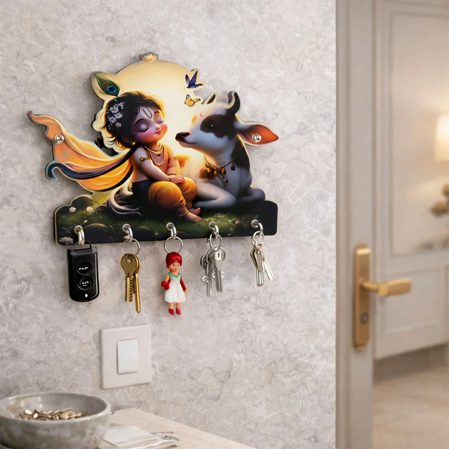 Decorative Krishna Cow Design Wall Key Holder with 5 Hooks – No Drilling Required - Image 3