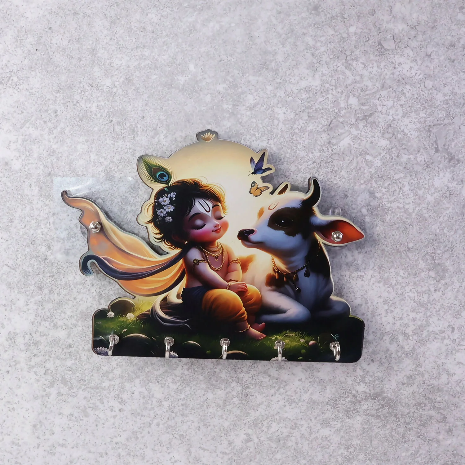 Decorative Krishna Cow Design Wall Key Holder with 5 Hooks – No Drilling Required - Image 5