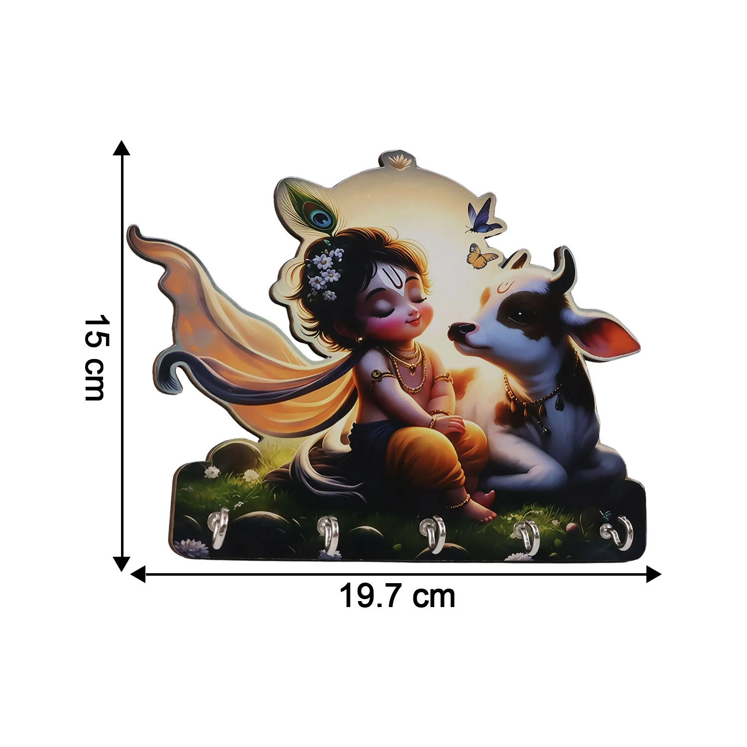Decorative Krishna Cow Design Wall Key Holder with 5 Hooks – No Drilling Required - Image 6