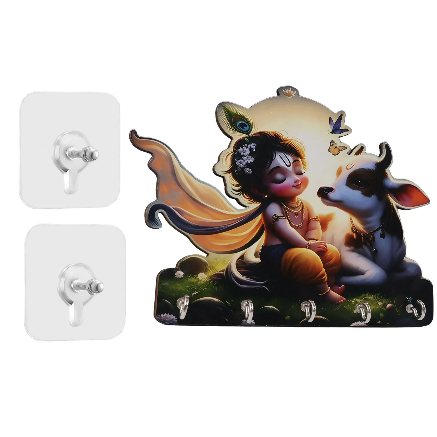 Decorative Krishna Cow Design Wall Key Holder with 5 Hooks – No Drilling Required - Image 7