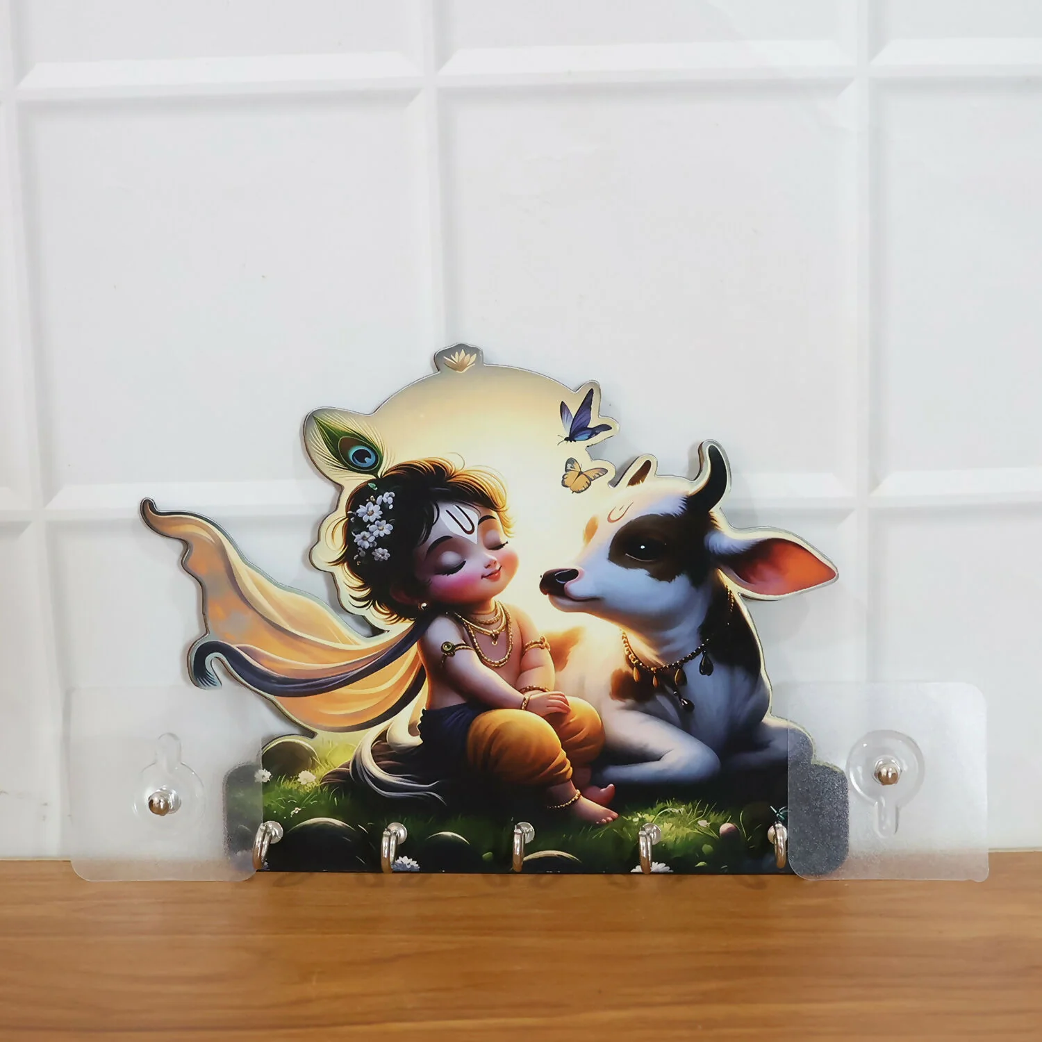 Decorative Krishna Cow Design Wall Key Holder with 5 Hooks – No Drilling Required - Image 8