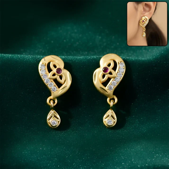 Decorative Leaf Pattern Gold Stud Earrings With Embedded Stones And Drop Element - Image 2
