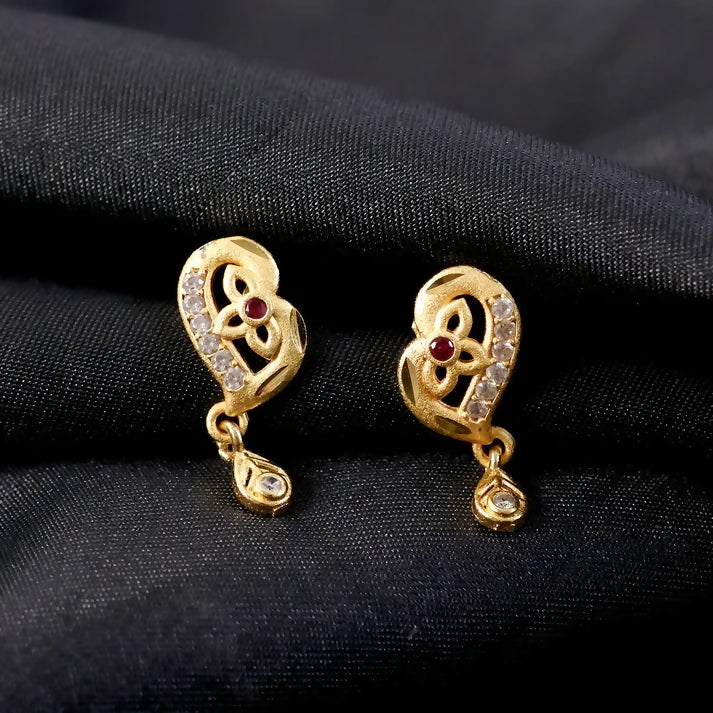 Decorative Leaf Pattern Gold Stud Earrings With Embedded Stones And Drop Element - Image 3