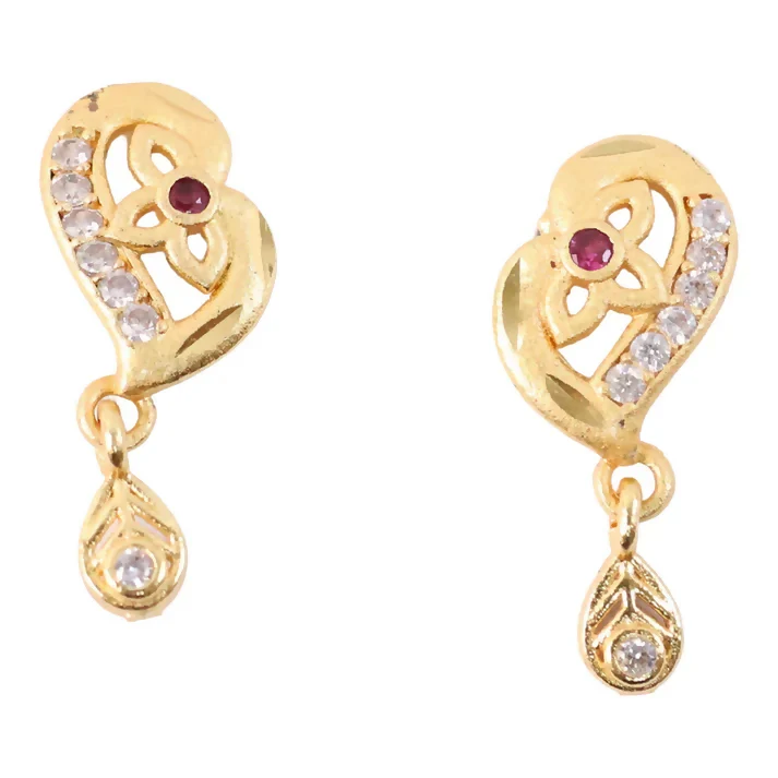 Decorative Leaf Pattern Gold Stud Earrings With Embedded Stones And Drop Element - Image 4