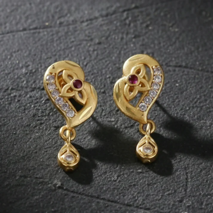 Decorative Leaf Pattern Gold Stud Earrings With Embedded Stones And Drop Element - Image 5