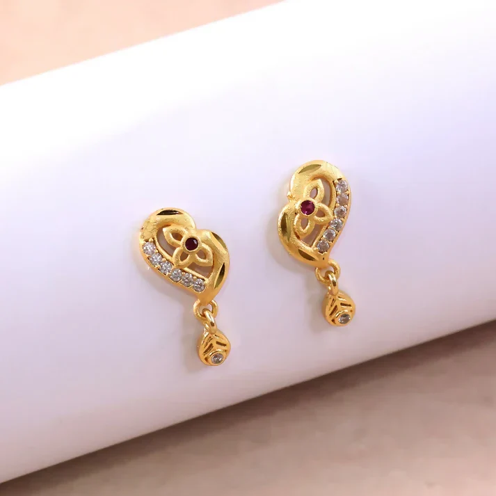 Decorative Leaf Pattern Gold Stud Earrings With Embedded Stones And Drop Element - Image 6