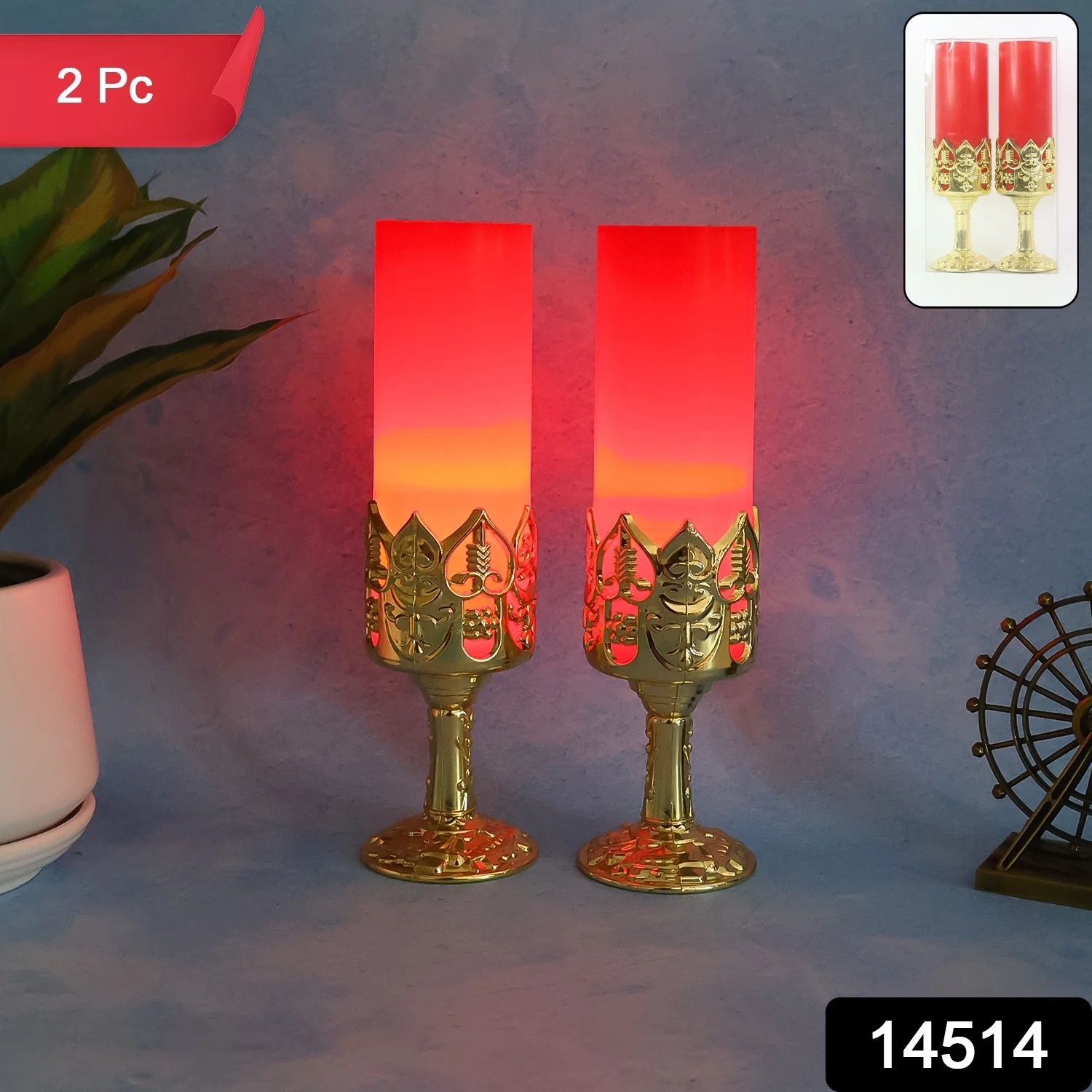 Decorative LED Candle Light Lamps with Golden Stand  (2 Pc) - Image 2