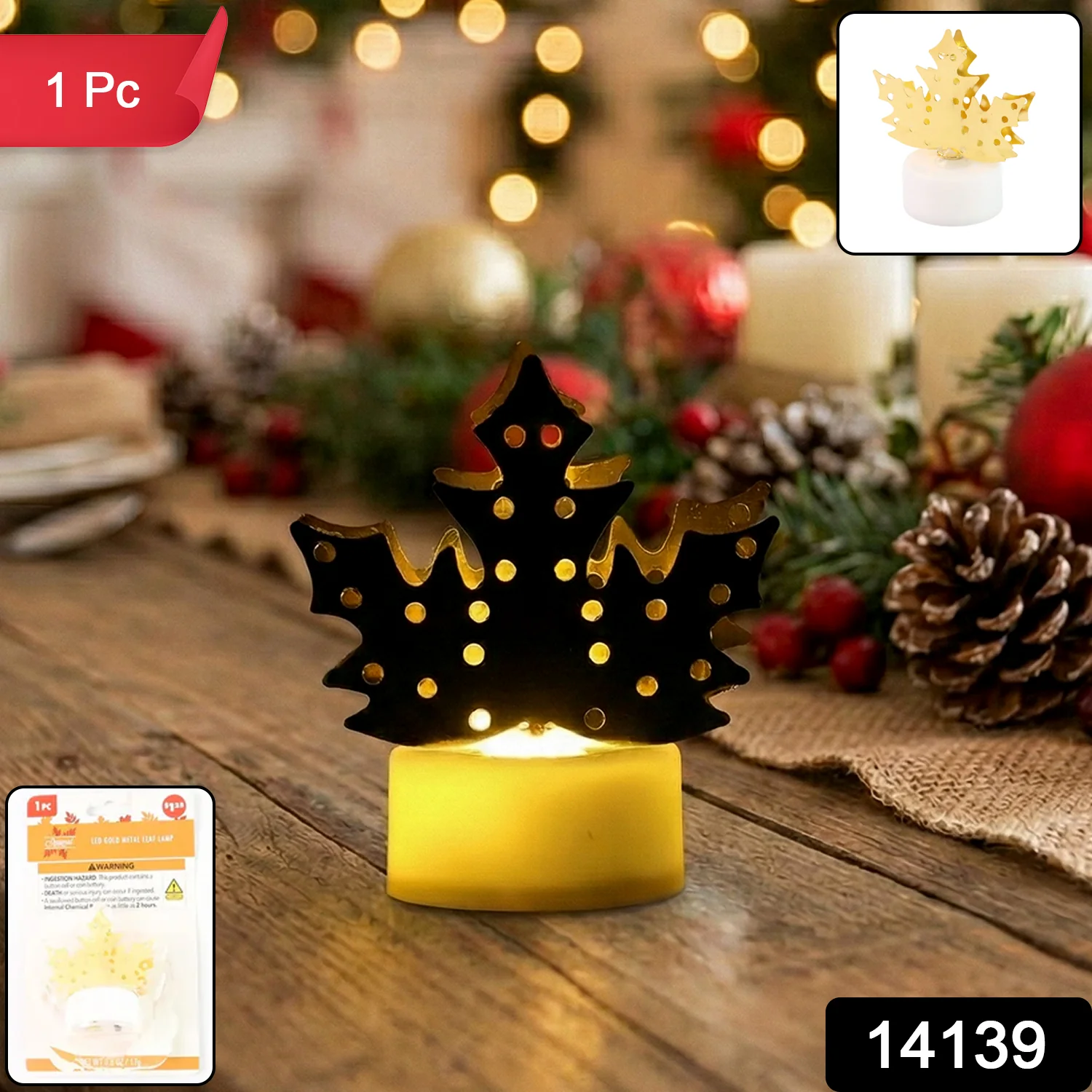 Christmas Decorative LED Gold Metal Leaf Diya Lamp, Diwali (1 Pc) - Image 2