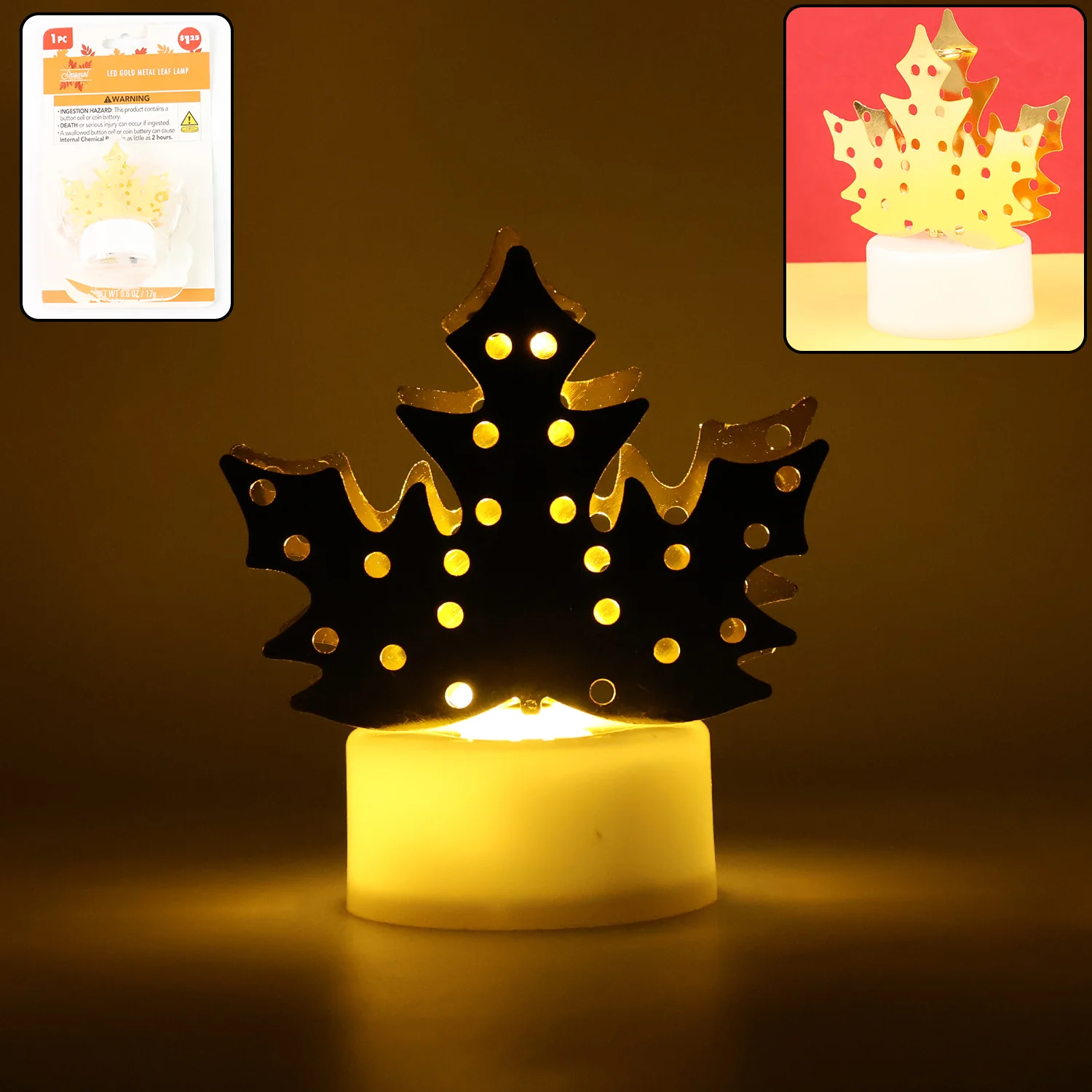 Christmas Decorative LED Gold Metal Leaf Diya Lamp, Diwali (1 Pc) - Image 3