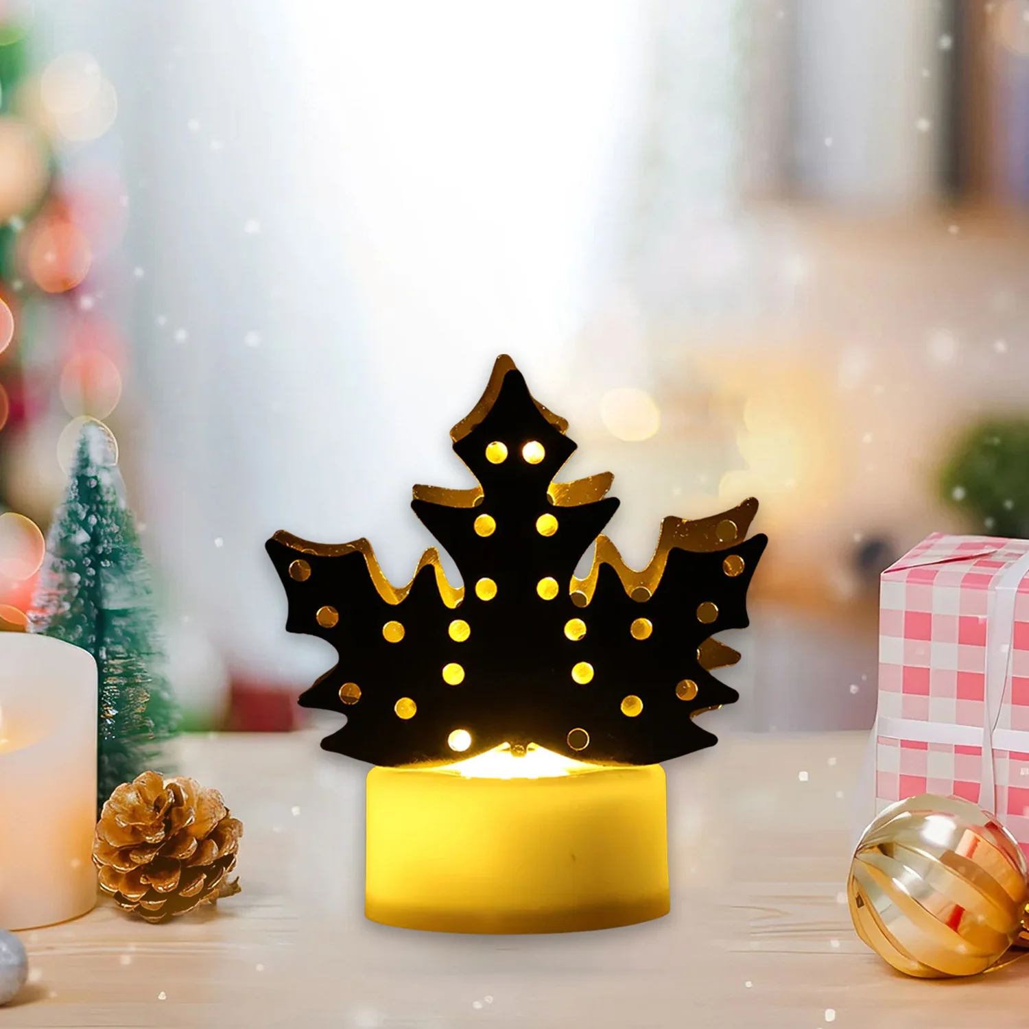 Christmas Decorative LED Gold Metal Leaf Diya Lamp, Diwali (1 Pc) - Image 4