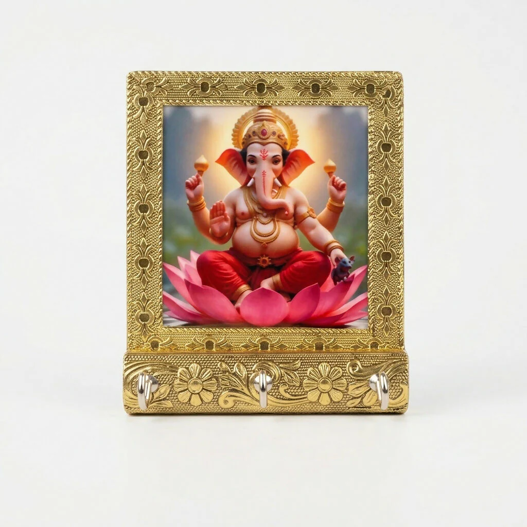 Decorative Lord Ganesha Key Holder Wall Hanging with Photo Frame & Hooks - Image 4