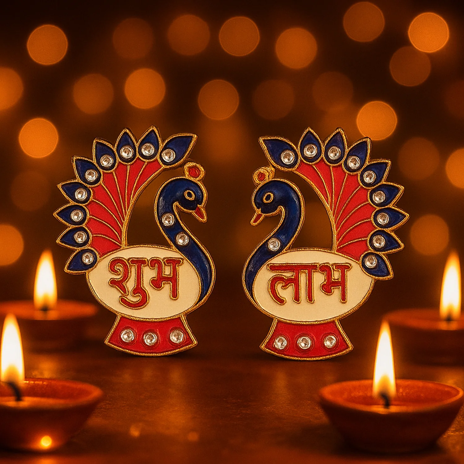 Decorative Peacock Design Shubh Labh Wall Hanging (2 Pc) - Image 3