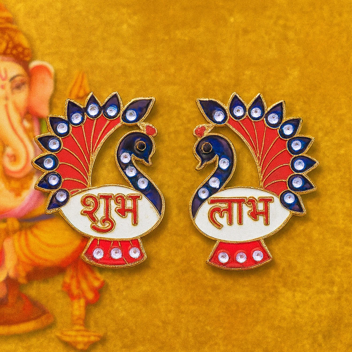 Decorative Peacock Design Shubh Labh Wall Hanging (2 Pc) - Image 4