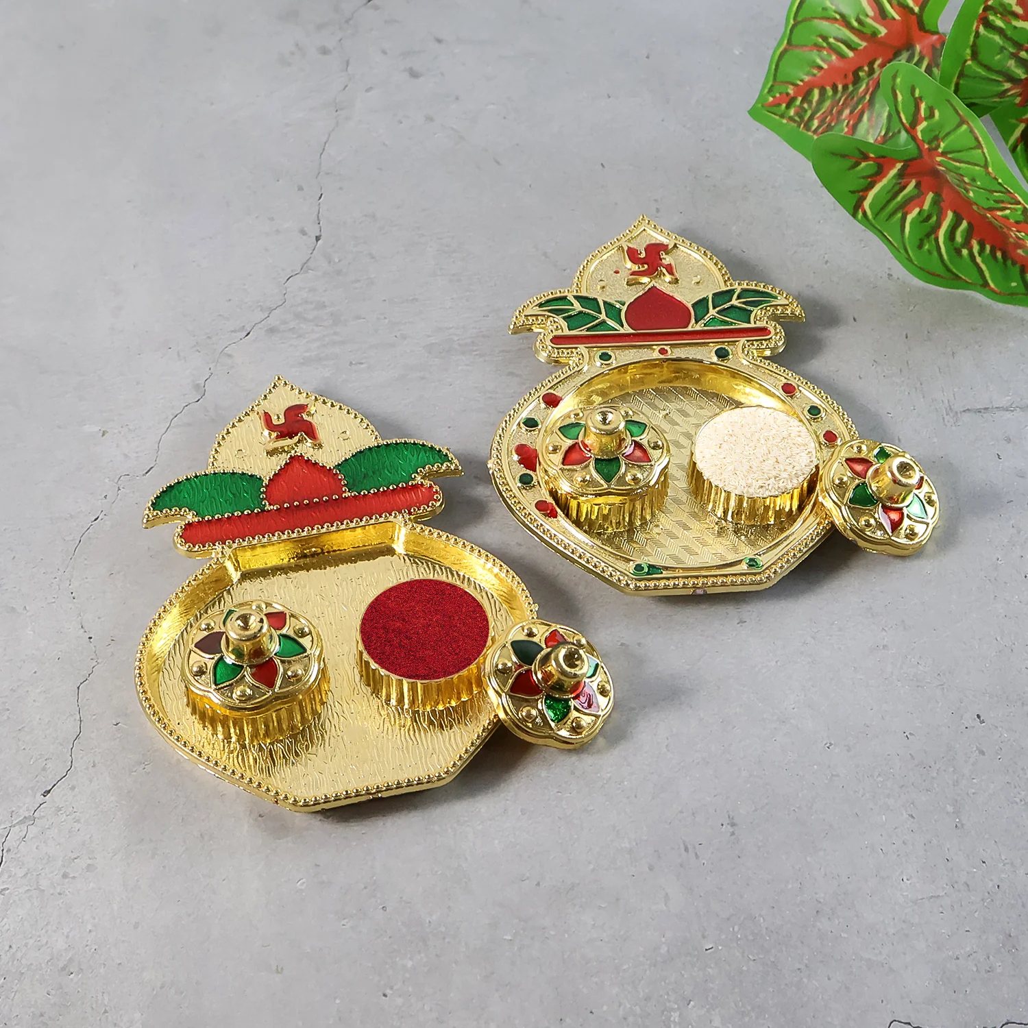 Decorative Plastic Kalash-Shape Double Kumkum Box (Mix Design, 1 Pc) - Image 4