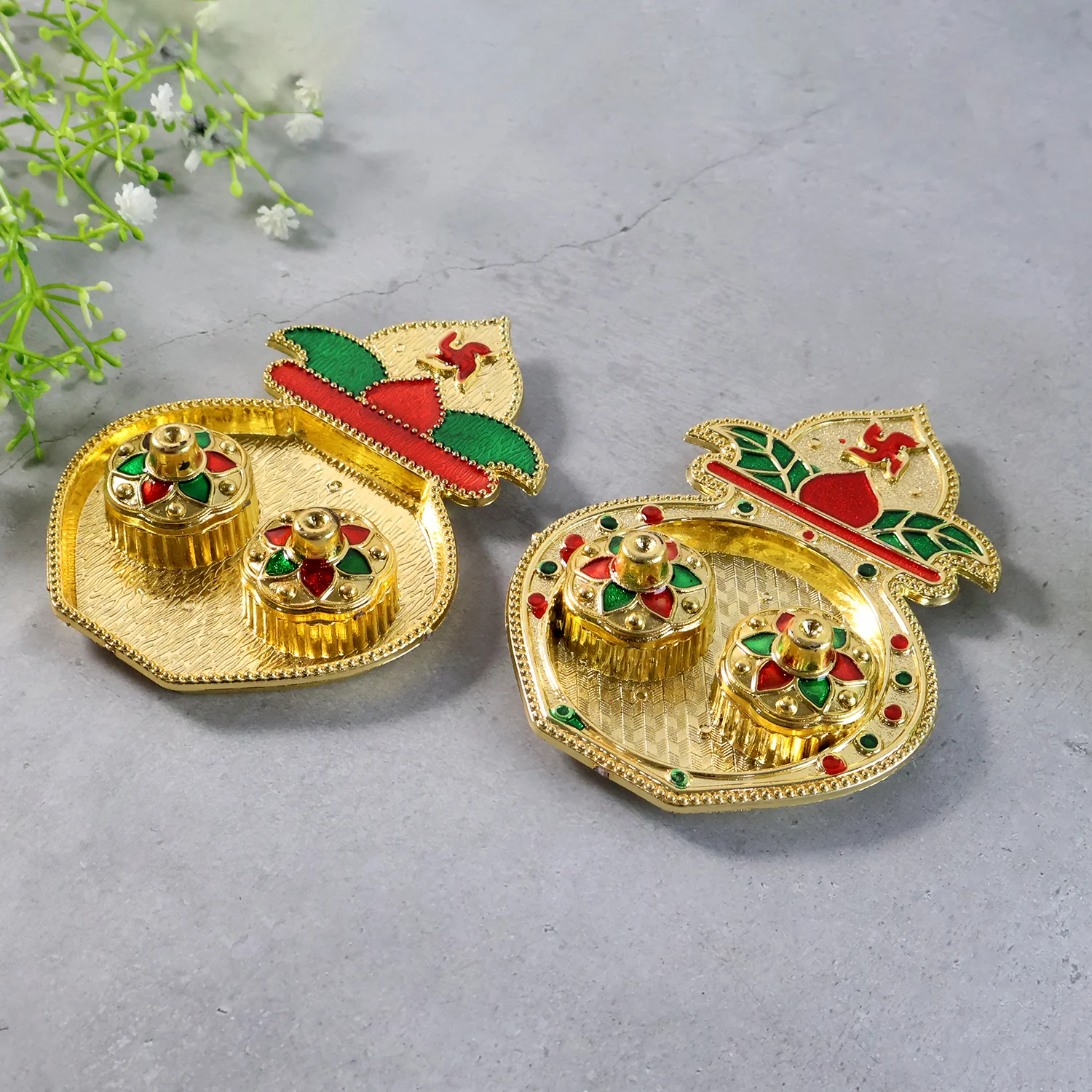Decorative Plastic Kalash-Shape Double Kumkum Box (Mix Design, 1 Pc) - Image 6