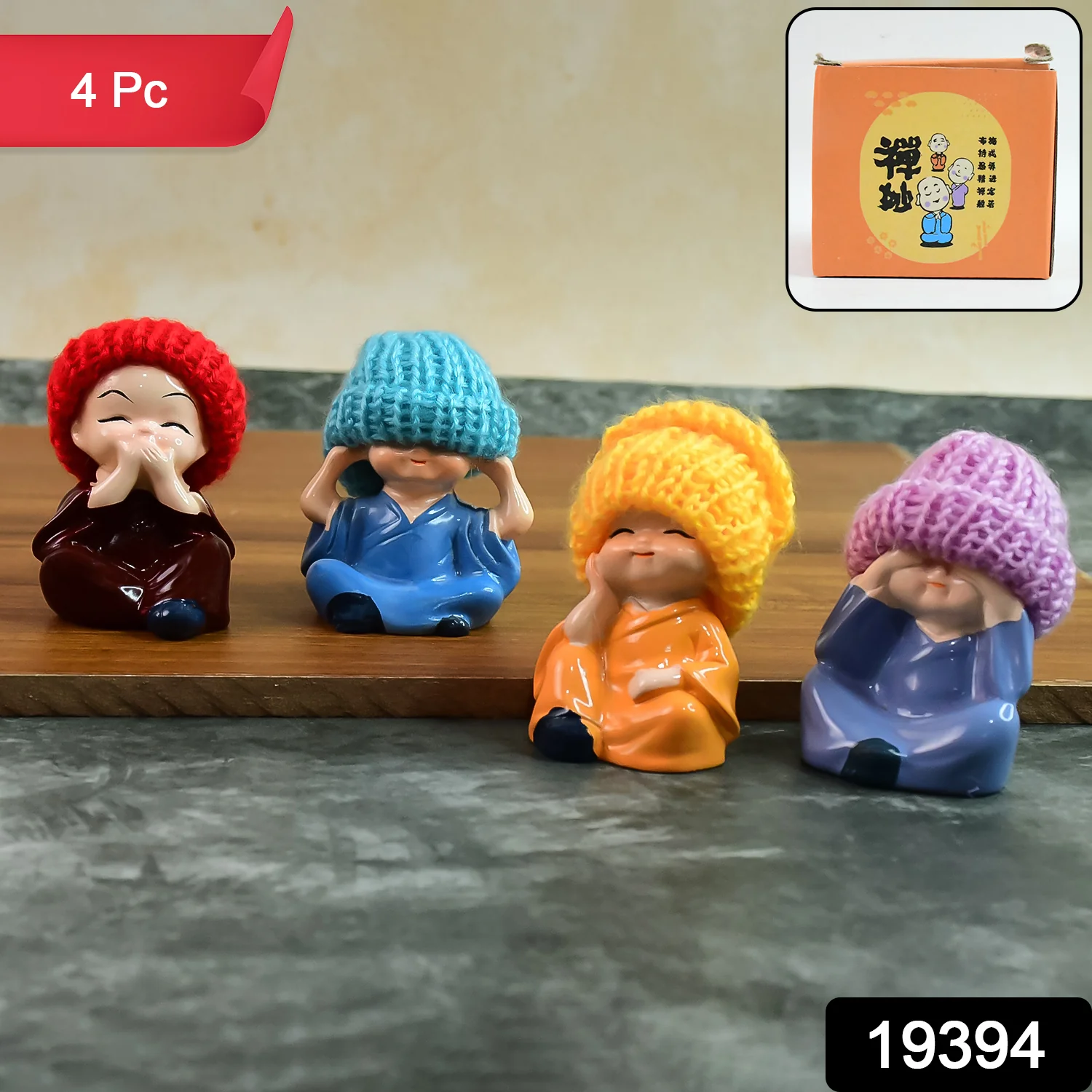 Decorative Resin Monk Buddha Showpiece Set of 4 with Traditional Straw Hats - Image 2
