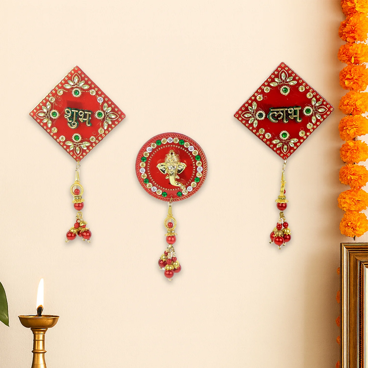 Decorative Wall Hanging Set with Shubh Labh and Ganesh Design (3 Pc) - Image 6