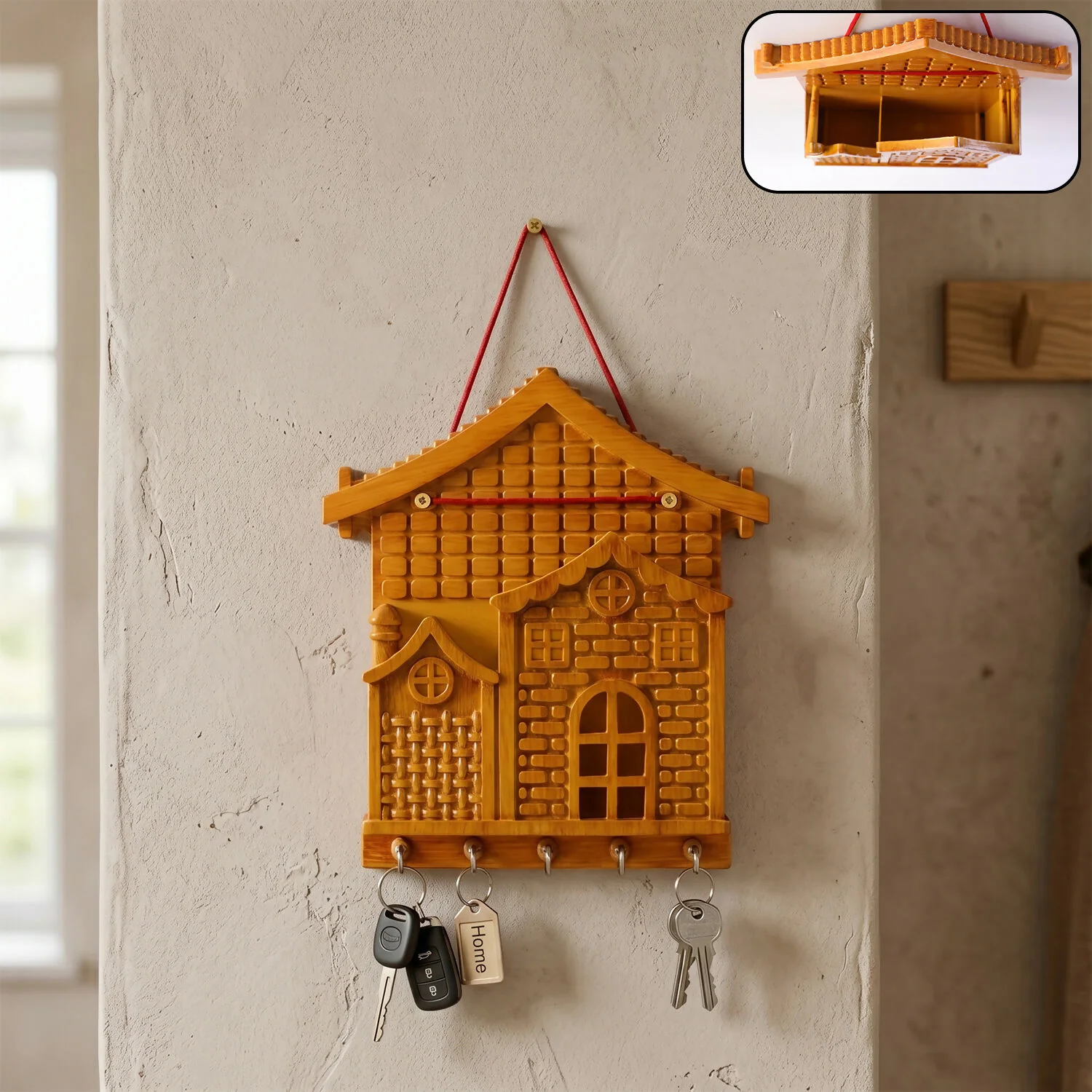 Decorative Wall-Mounted Wooden Style Key Holder with Storage Shelf & Hooks for Home Entrance - Image 2