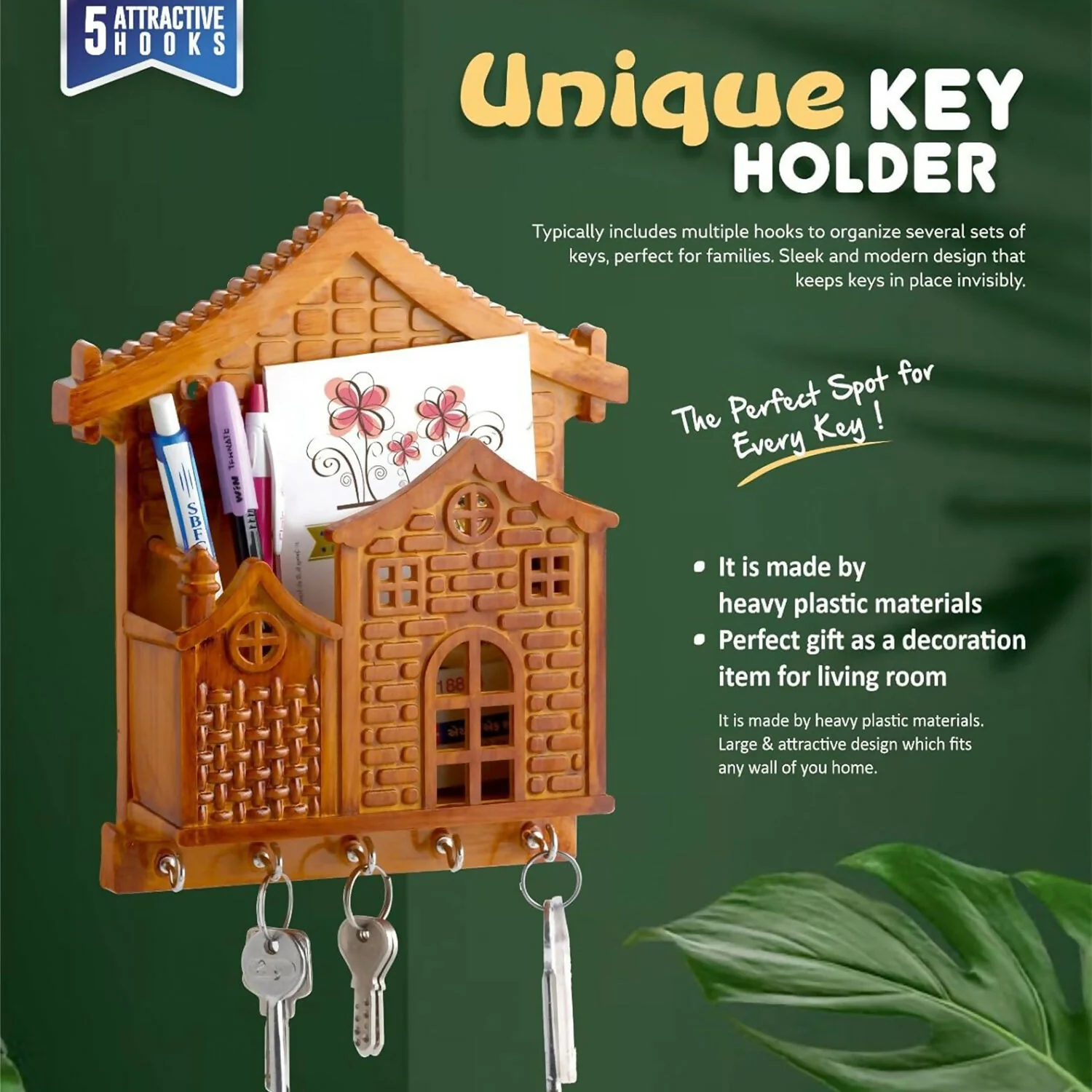 Decorative Wall-Mounted Wooden Style Key Holder with Storage Shelf & Hooks for Home Entrance - Image 3