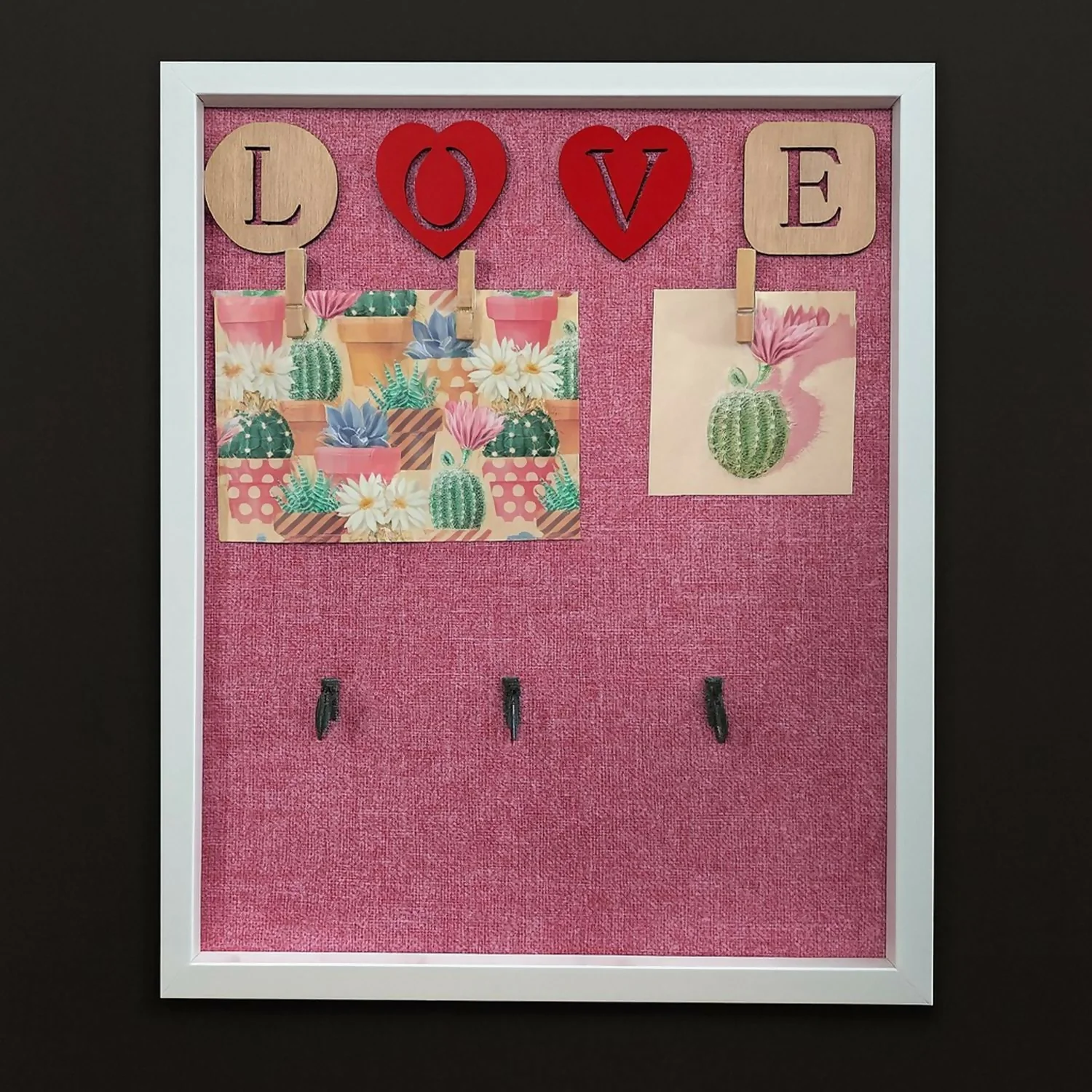 Decorative Wooden Wall Hanging Key Holder with 3 Hooks, Love Lettering & Cactus Print – Stylish Wall Organizer for Home, Bedroom & Living Room – Modern Wall Décor Key Hanger Frame (Pink, White Frame) - Image 2