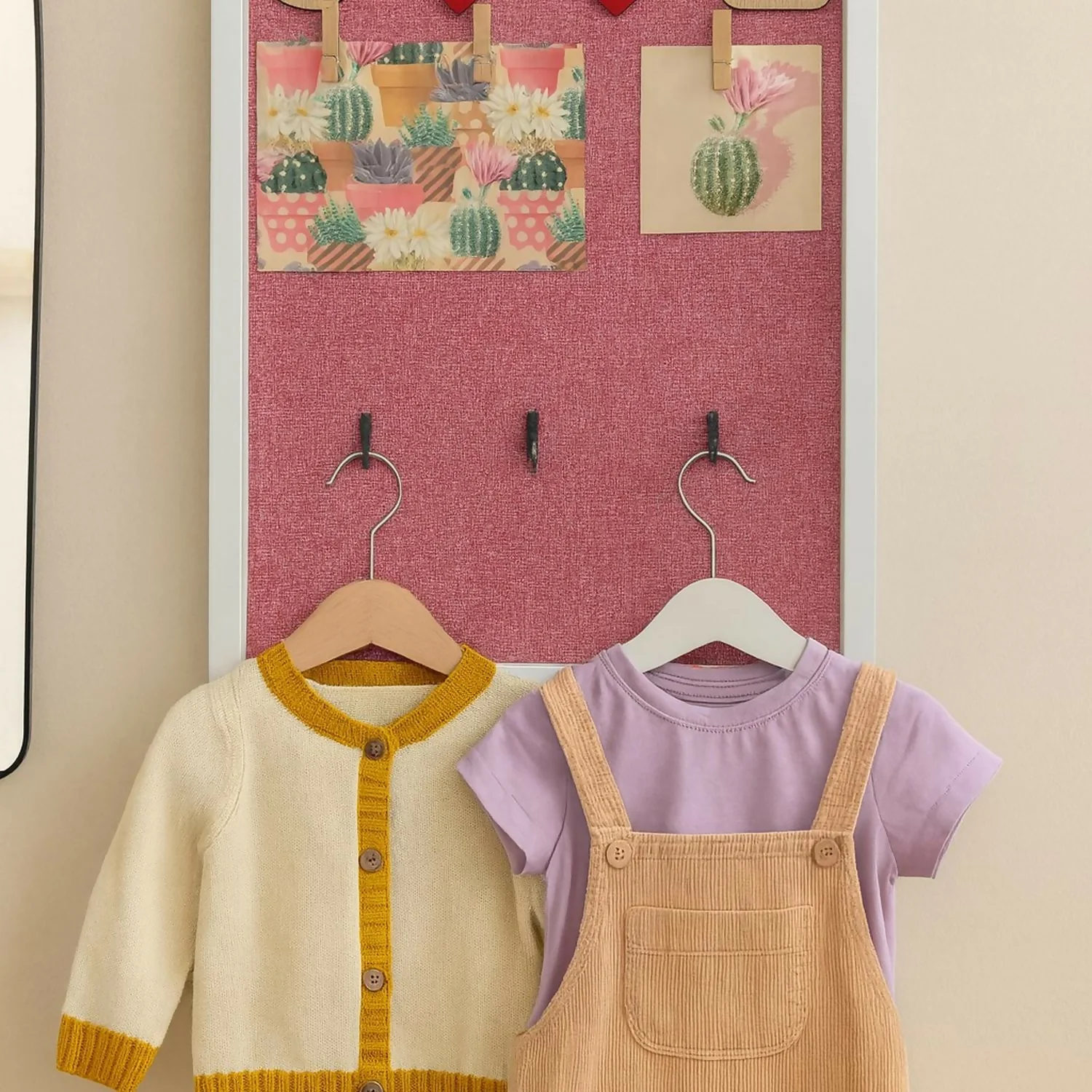Decorative Wooden Wall Hanging Key Holder with 3 Hooks, Love Lettering & Cactus Print – Stylish Wall Organizer for Home, Bedroom & Living Room – Modern Wall Décor Key Hanger Frame (Pink, White Frame) - Image 3