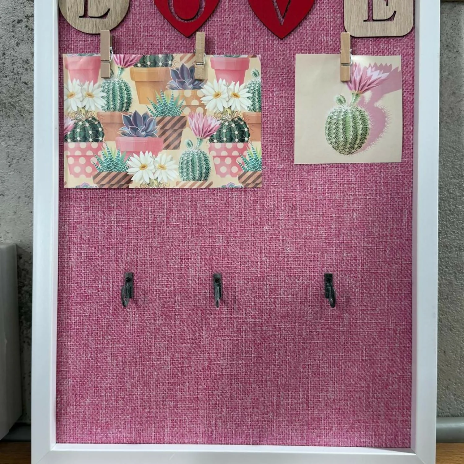 Decorative Wooden Wall Hanging Key Holder with 3 Hooks, Love Lettering & Cactus Print – Stylish Wall Organizer for Home, Bedroom & Living Room – Modern Wall Décor Key Hanger Frame (Pink, White Frame) - Image 5