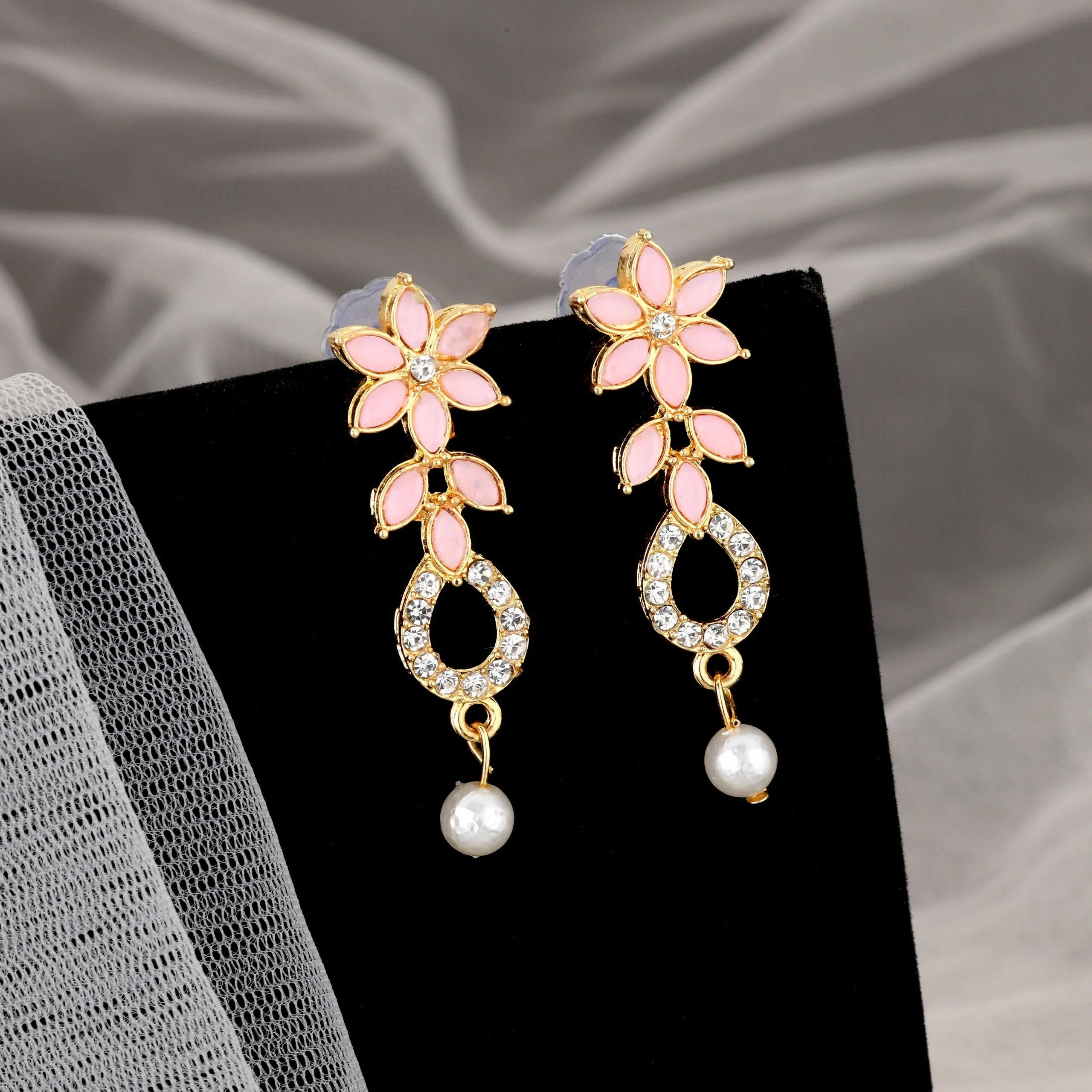Delicate Baby Pink Floral & Crystal Necklace Set with Pearl Drop - Image 2