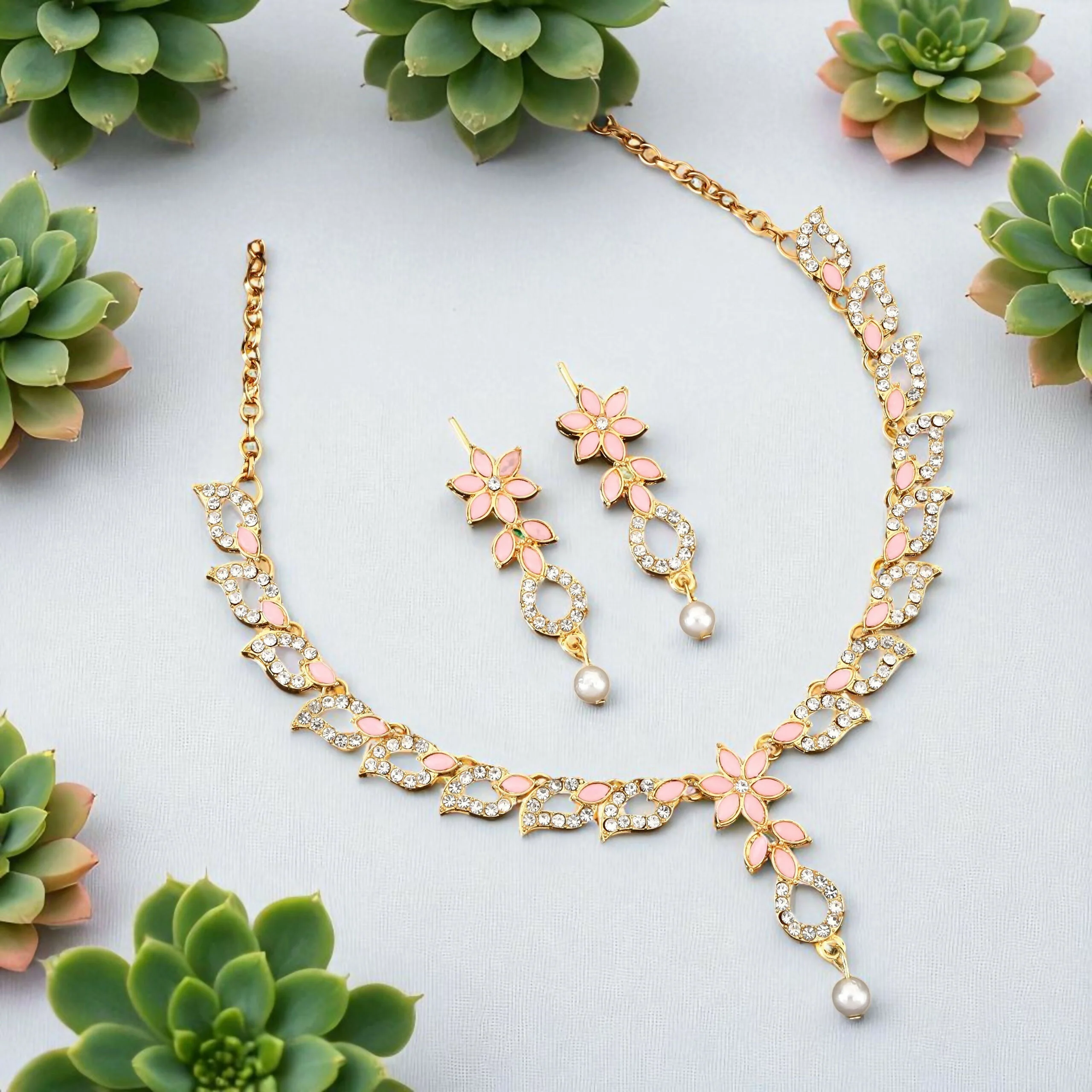 Delicate Baby Pink Floral & Crystal Necklace Set with Pearl Drop - Image 3